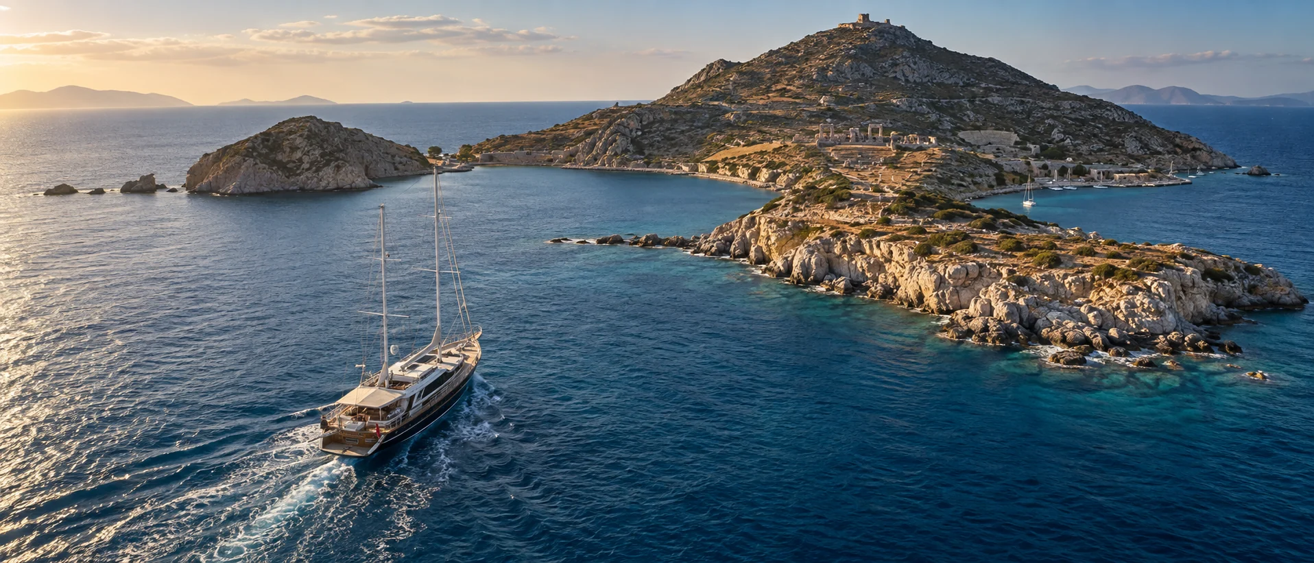 Motor sailer approaching Knidos at the tip of the Datça peninsula