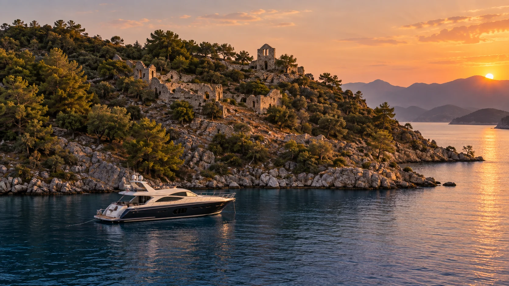 Yacht anchored below the ruins of Gemiler Island at sunset