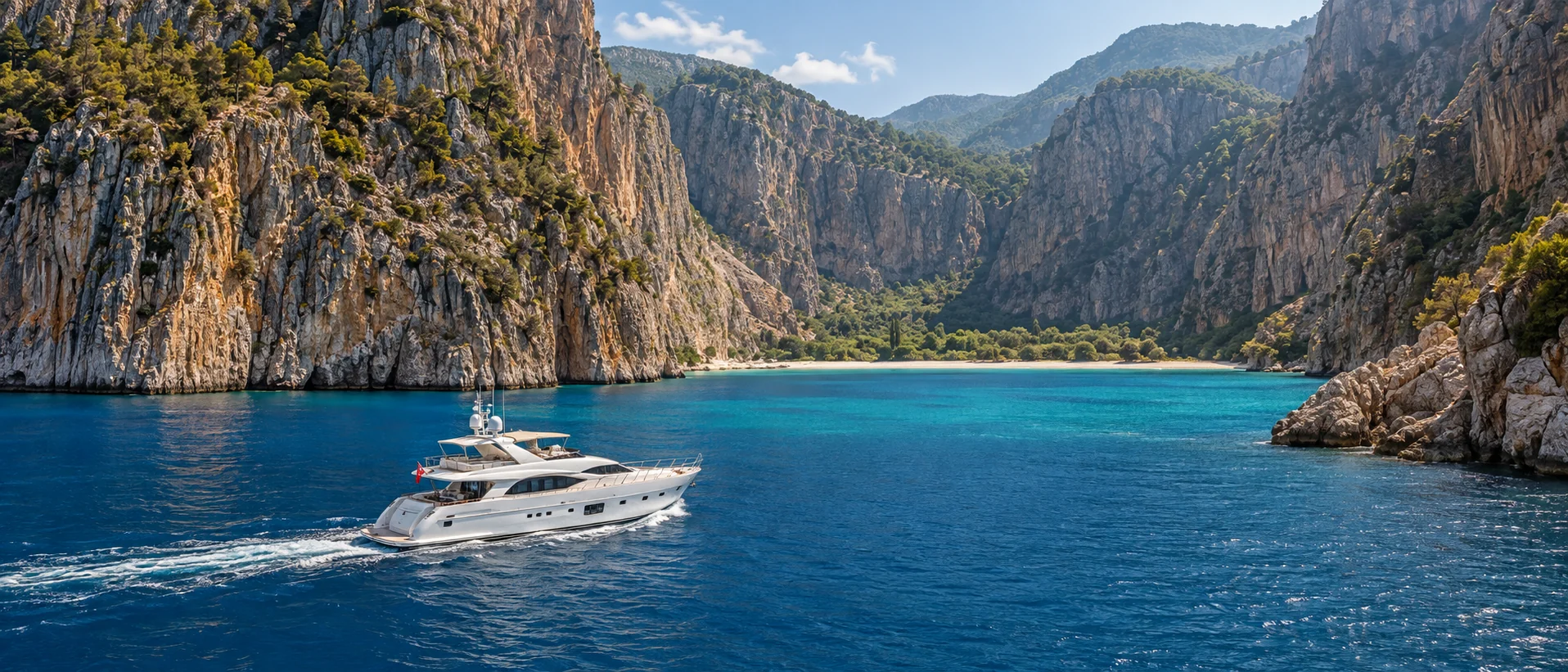Motor yacht cruising beneath the cliffs of the Lycian coast near Fethiye