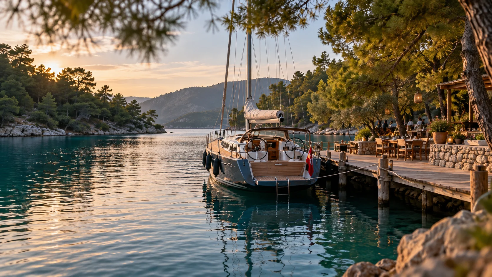Yacht moored at a pine-fringed restaurant jetty in Göcek
