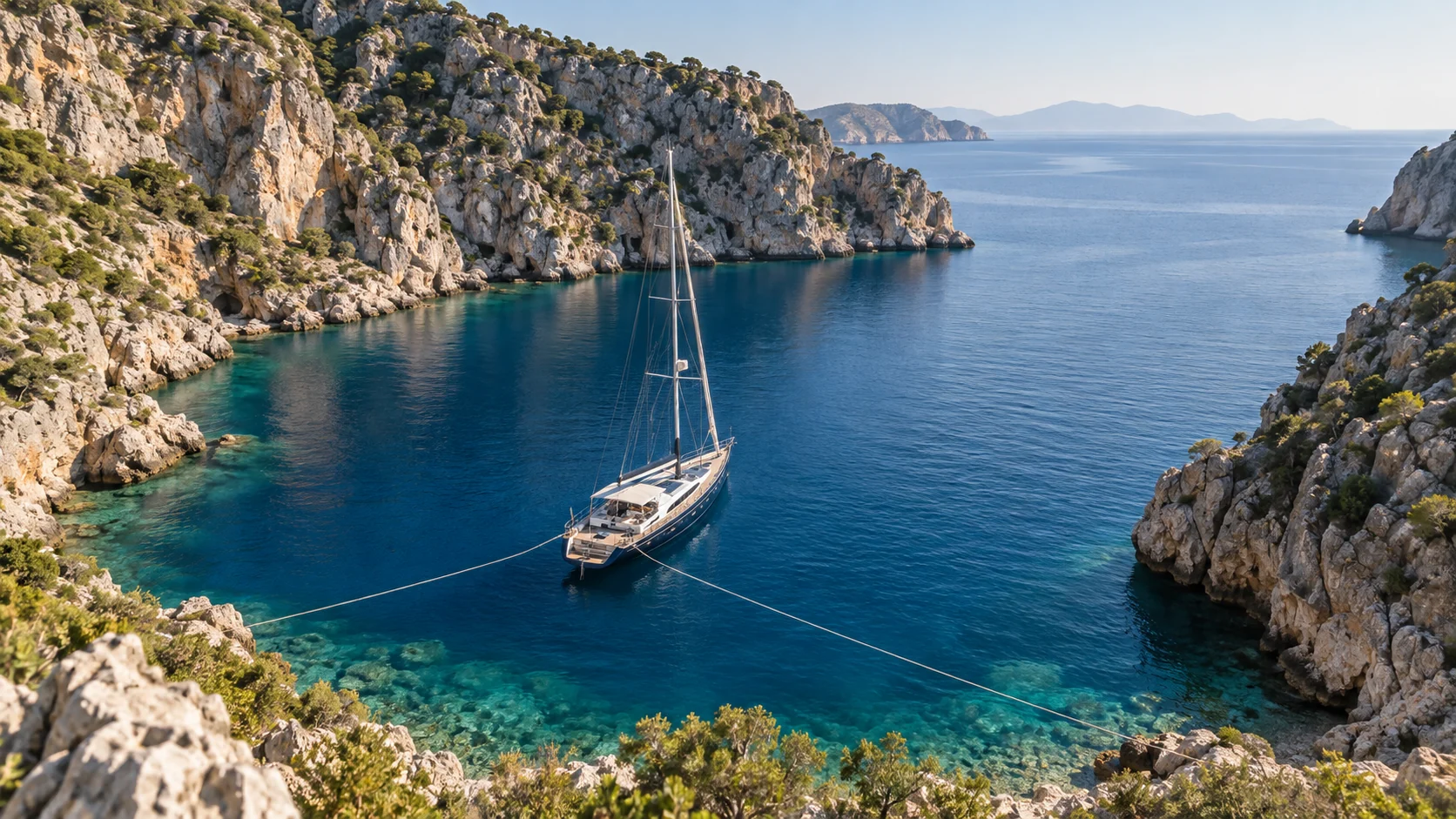 Yacht secured with two long lines ashore in a deep-water cove near Kaş
