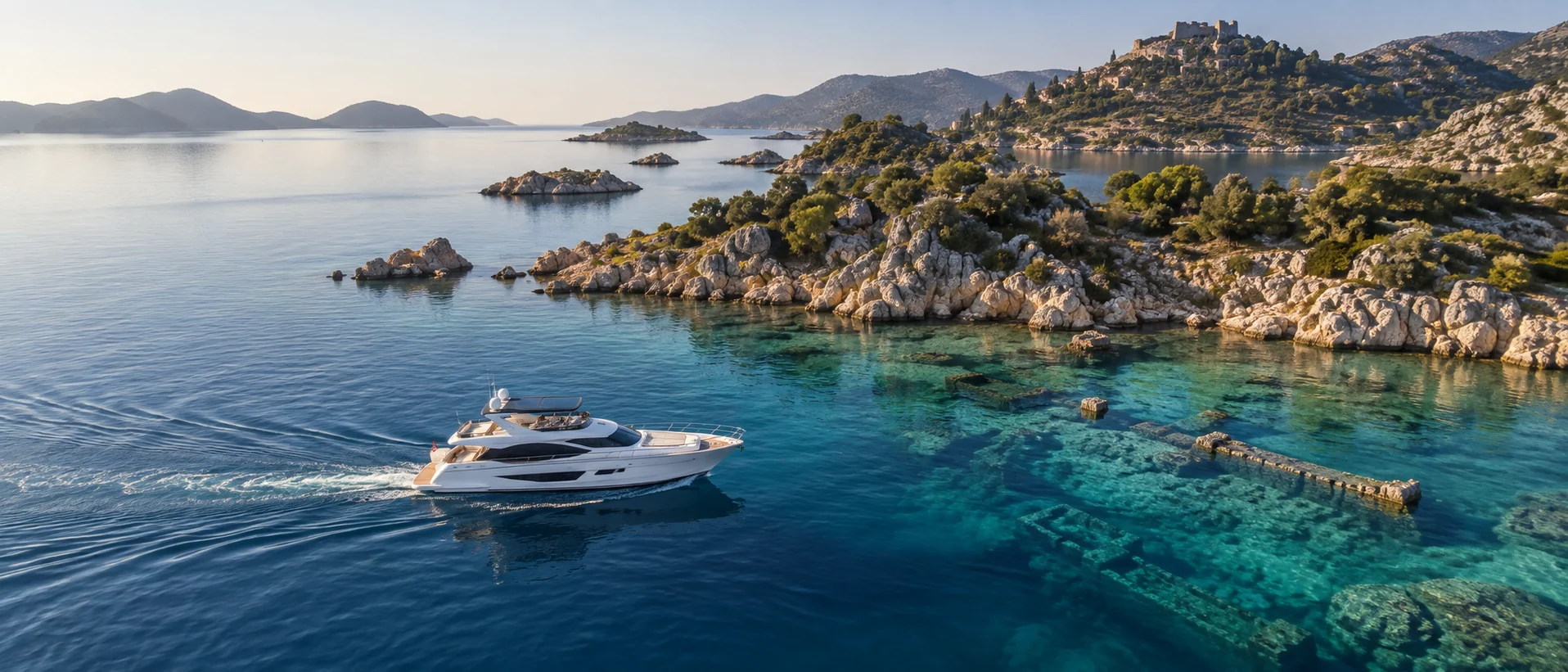 Motor yacht transiting the clear water and submerged remains of Kekova