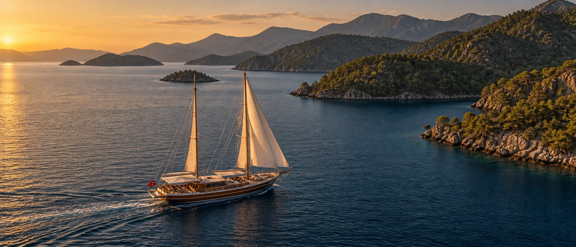 Traditional gulet cruising the pine-lined Gulf of Hisarönü