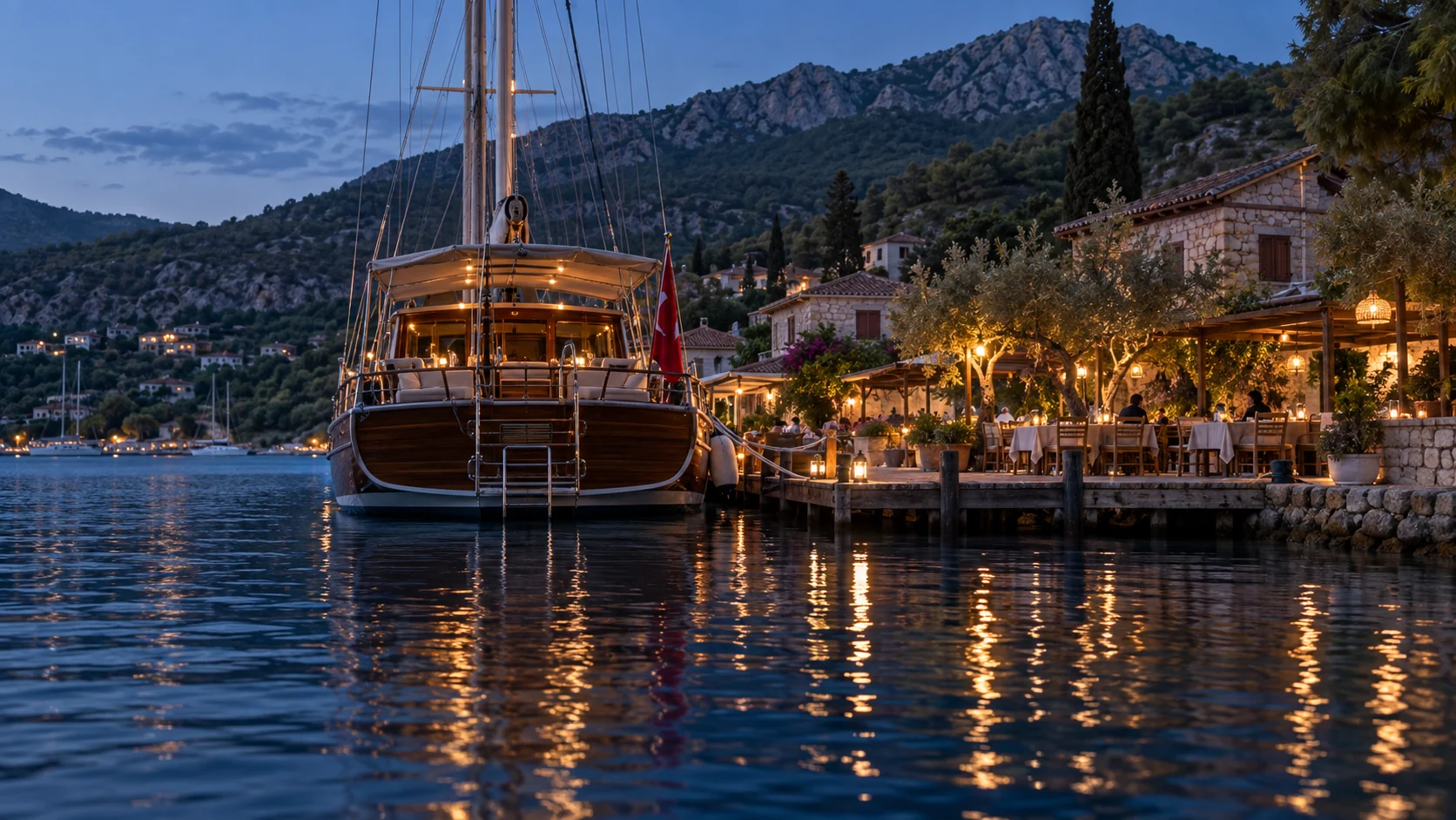 Gulet moored at a Selimiye restaurant jetty at blue hour