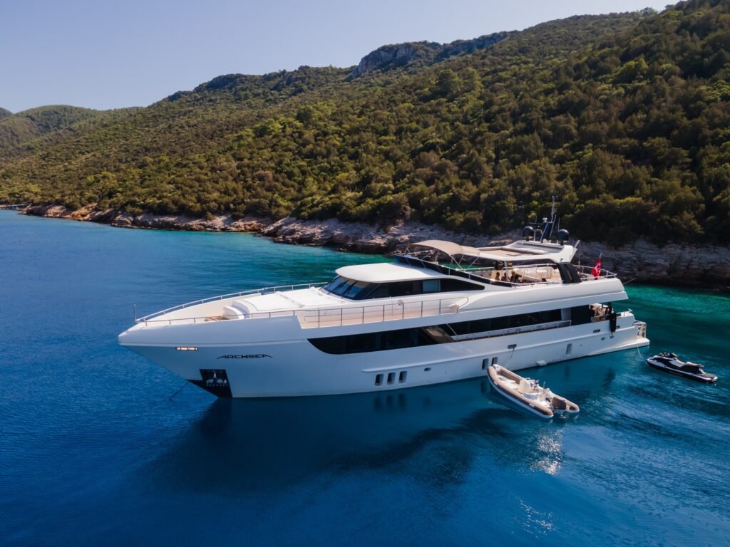 Experience the AS3105: the premier Luxury Motor Yacht Charter in Bodrum. This 31m HG Yachting masterpiece features 5 cabins for 9 guests, a private jet-ski, and elite Mediterranean styling