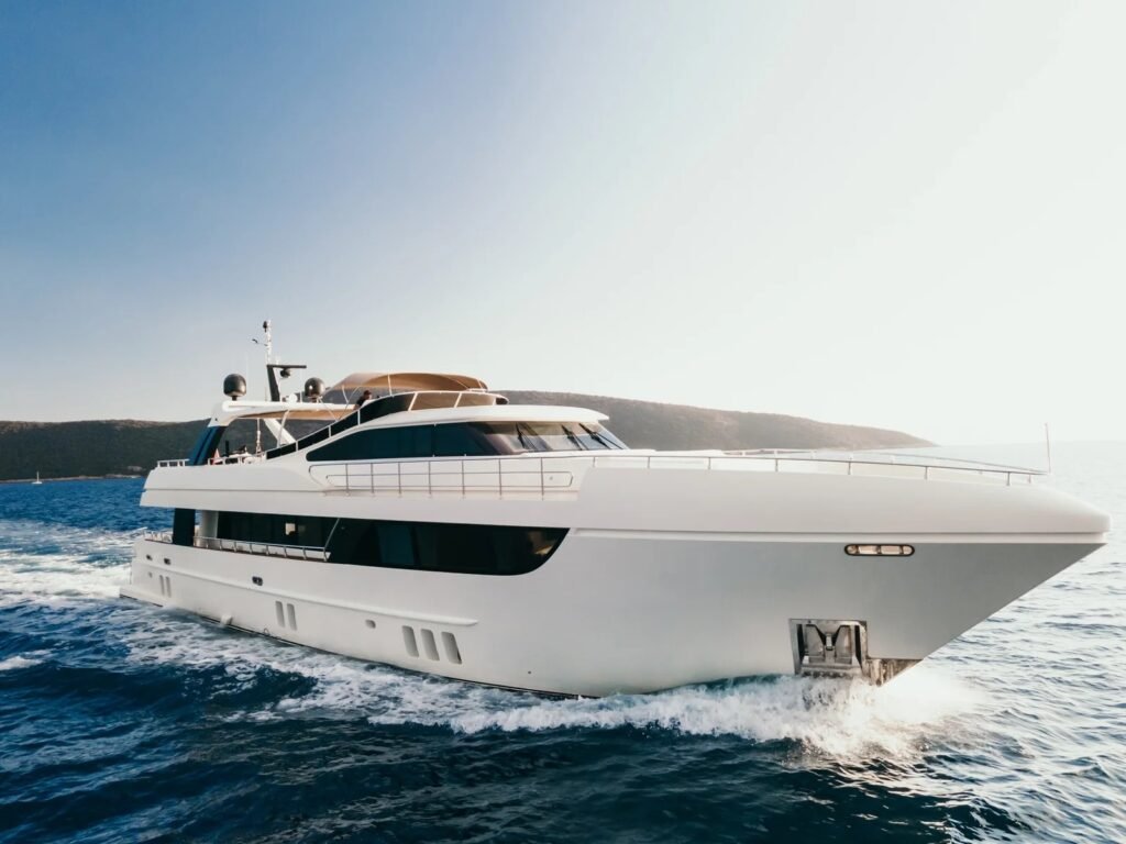 AS3105 31m HG Yachting luxury motor yacht charter Bodrum aerial broadside profile view