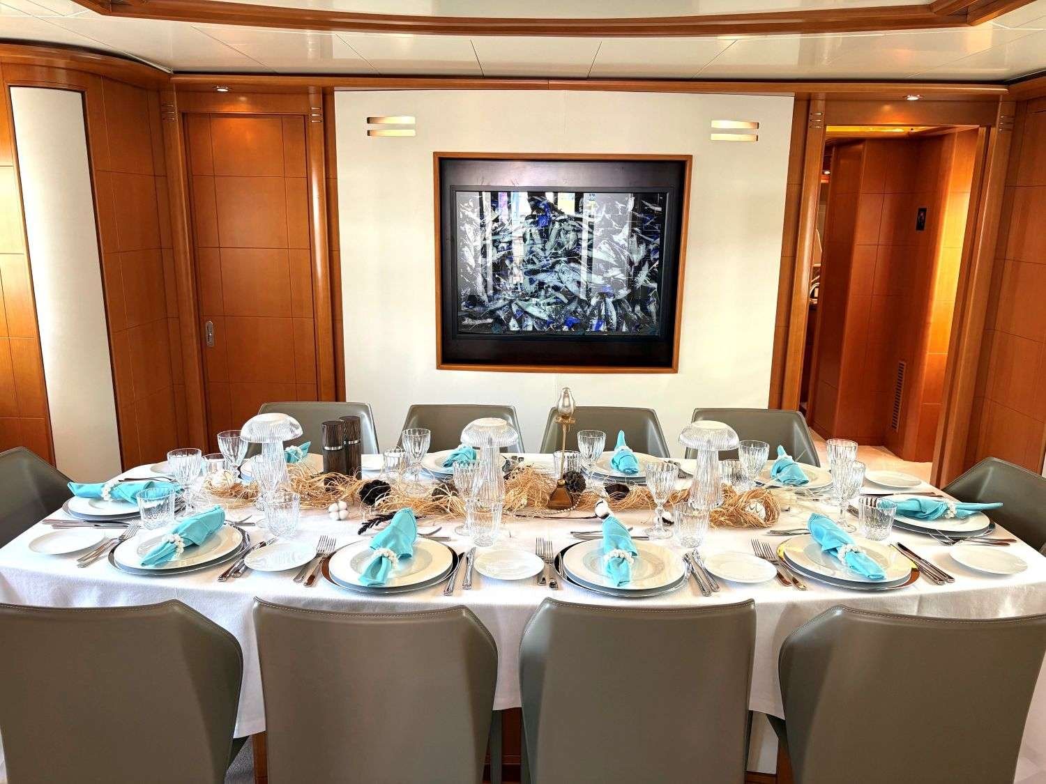 Formal dining room aboard a 40m superyacht charter, Turkish Riviera — AR4004