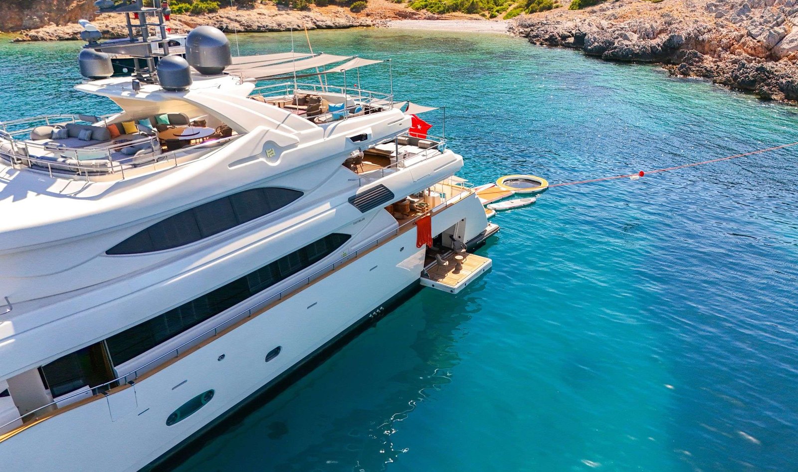 Stern and passerelle at anchor aboard a 40m superyacht charter in Marmaris — AR4004