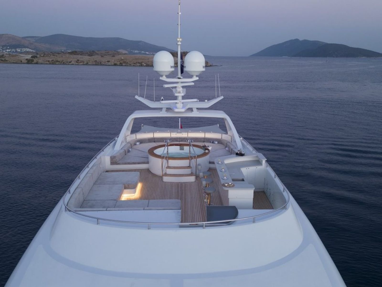 Aerial view over the foredeck of a 42m luxury motor yacht in Turkey