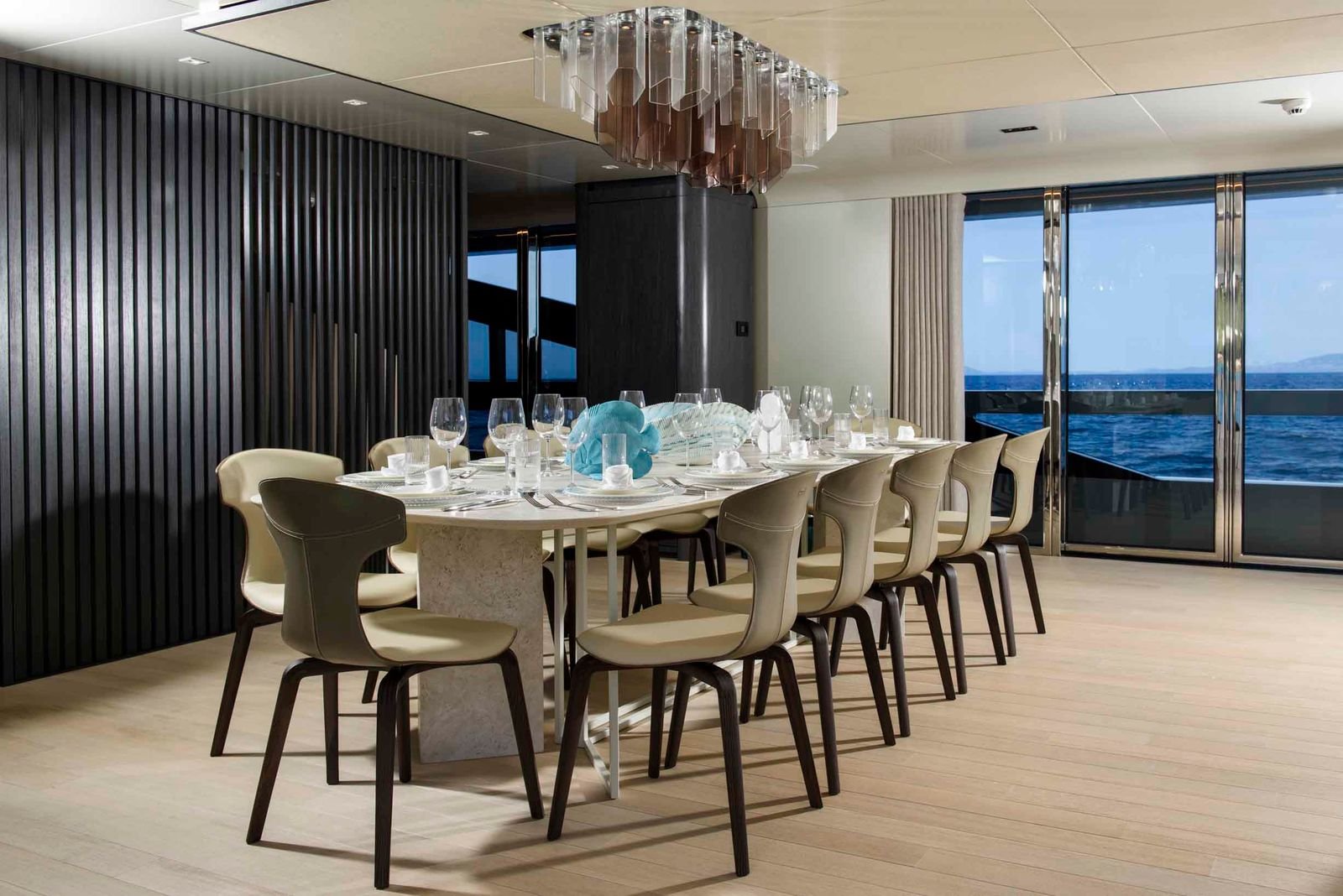 Formal dining room by Luca Dini aboard a 50m mega yacht
