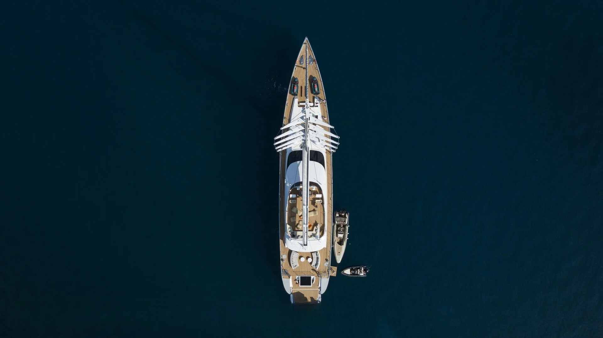 Overhead aerial of the bow of a 50m motor sailer, Bodrum charter — AA5019