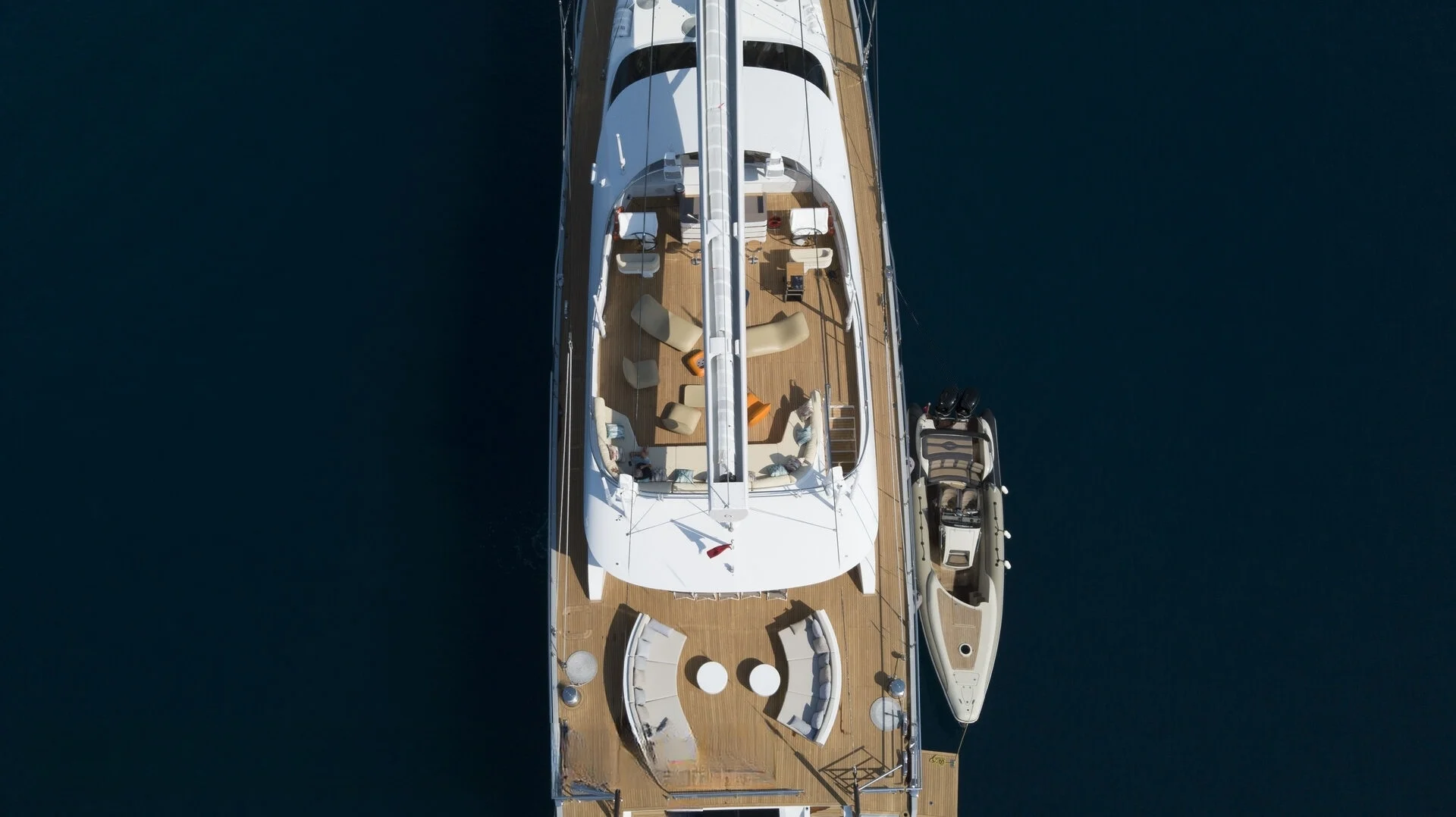 Overhead aerial of the foredeck of a 50m crewed superyacht charter Turkey — AA5019