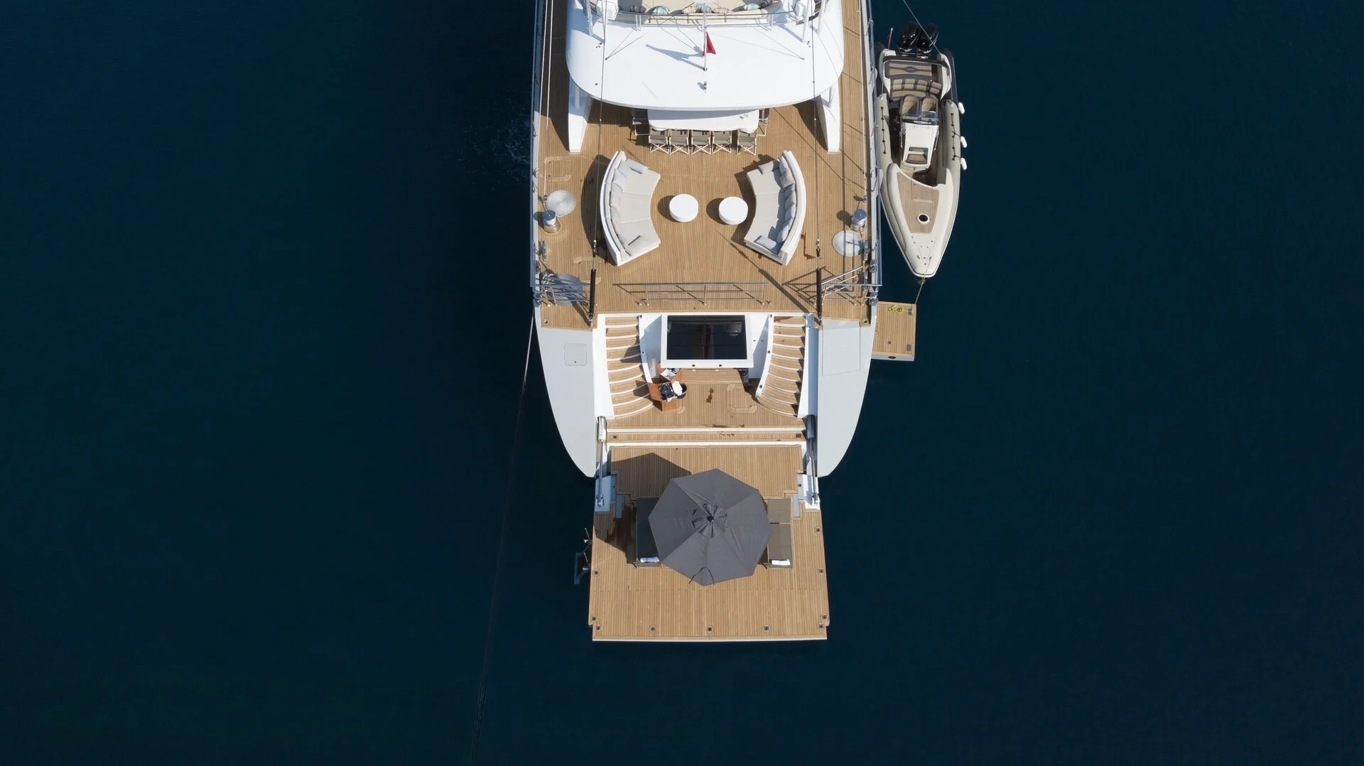 Aerial stern quarter of a 50m motor sailer at anchor, Bodrum — AA5019