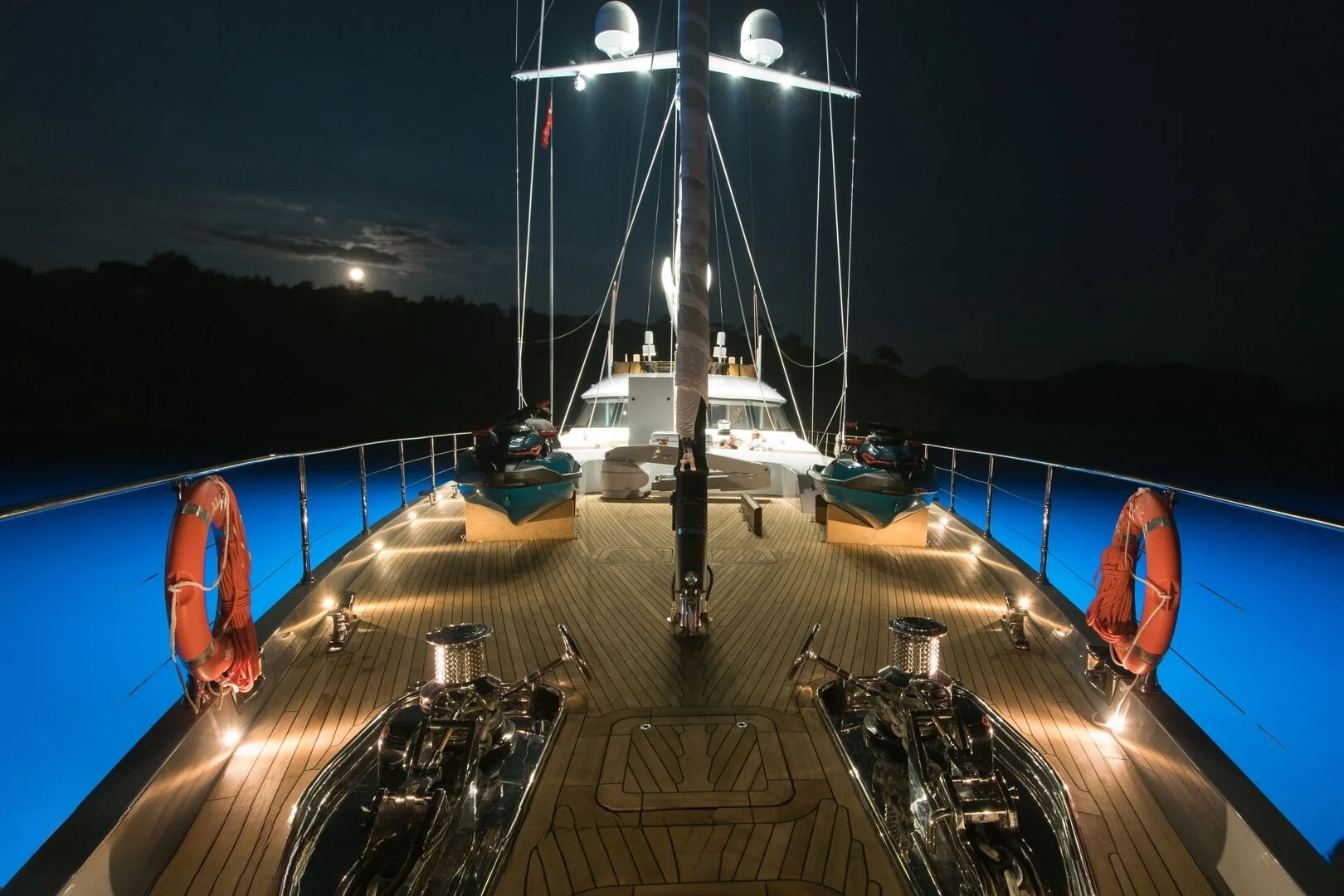 Foredeck at night aboard a 50m crewed superyacht charter, Bodrum — AA5019