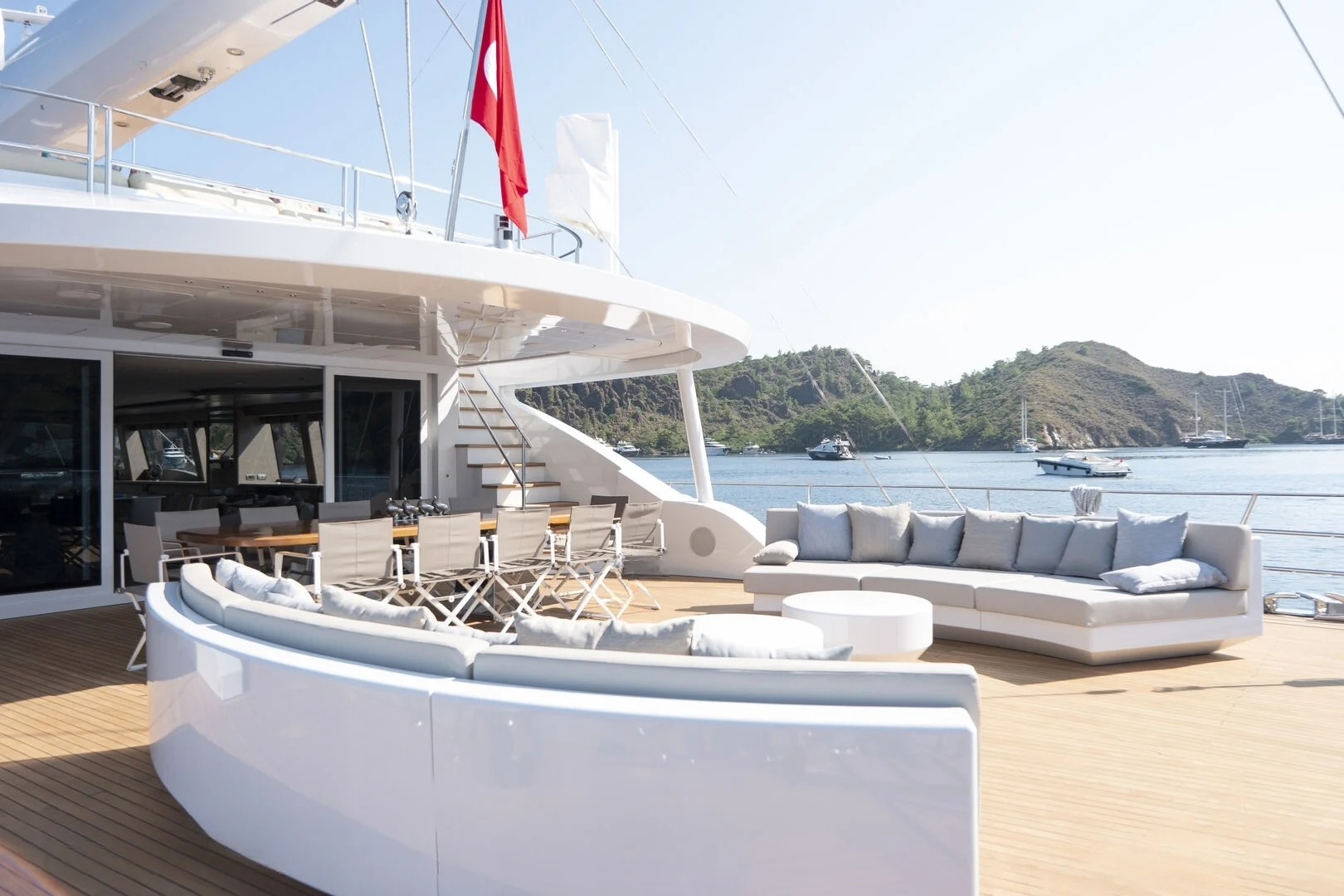 Aft deck seating with sea views aboard a 50m motor sailer charter, Bodrum — AA5019