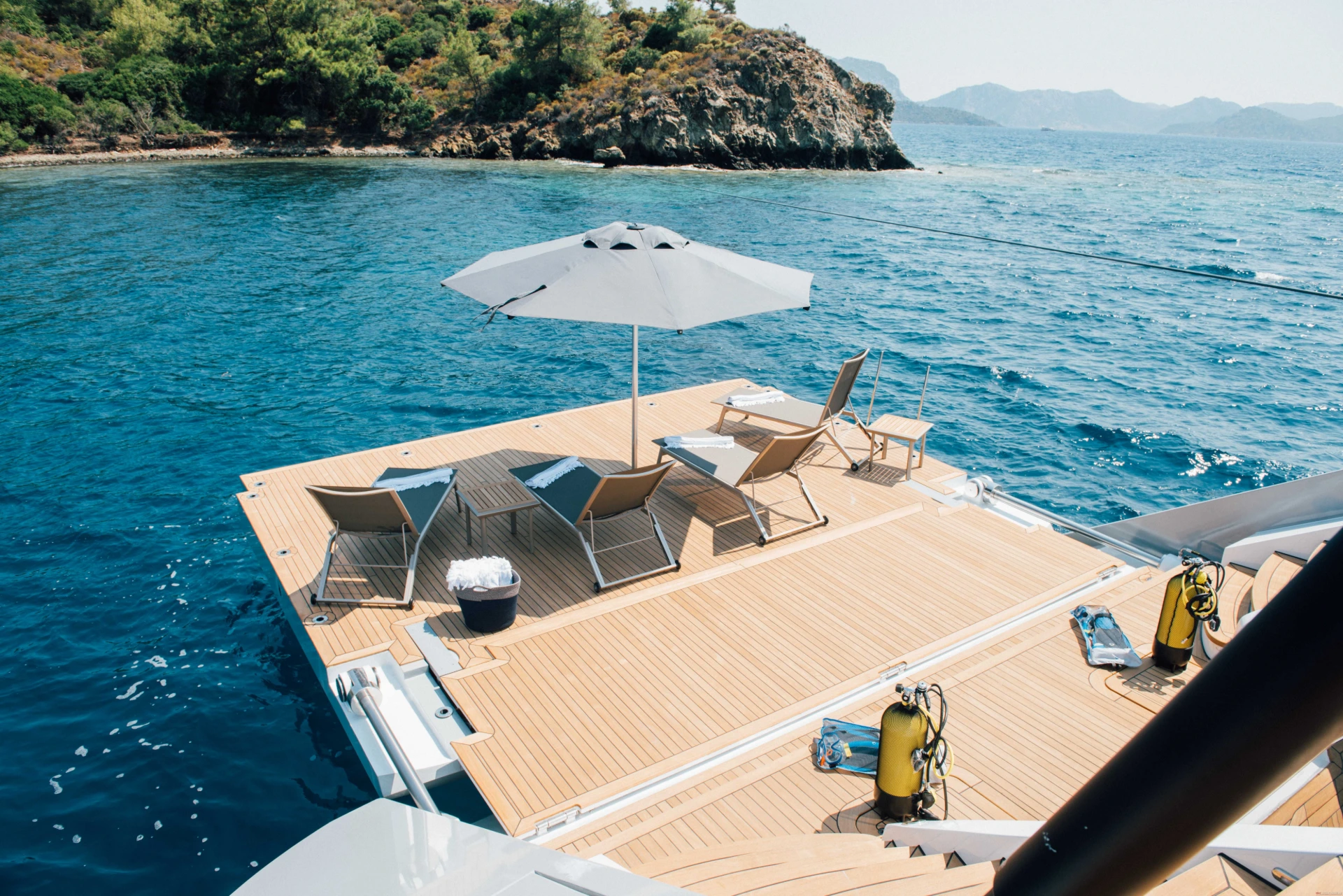 Beach club sun loungers and diving gear aboard a 50m superyacht charter, Bodrum — AA5019