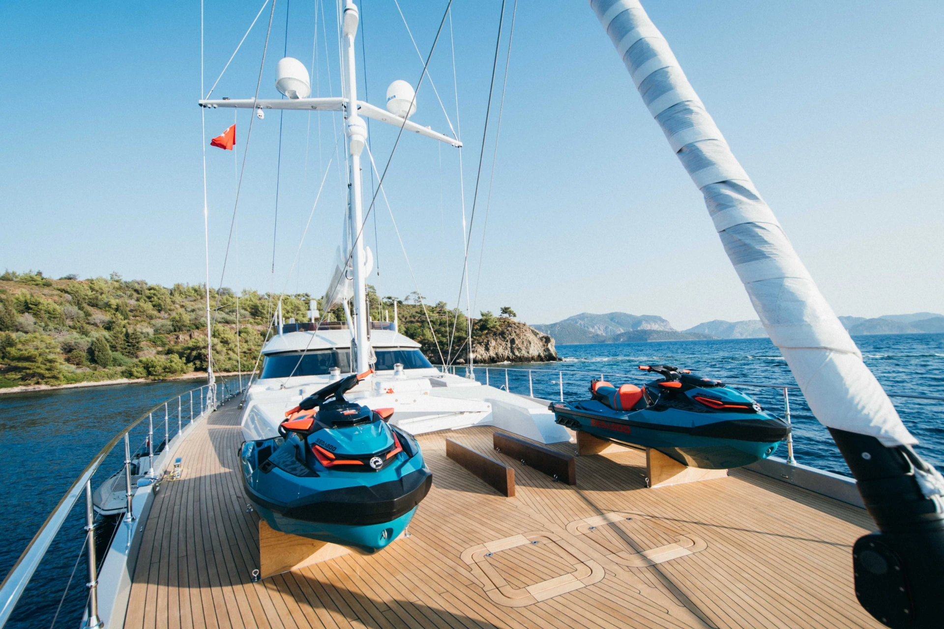 Two jet skis ready on the foredeck of a 50m superyacht charter in Bodrum — AA5019
