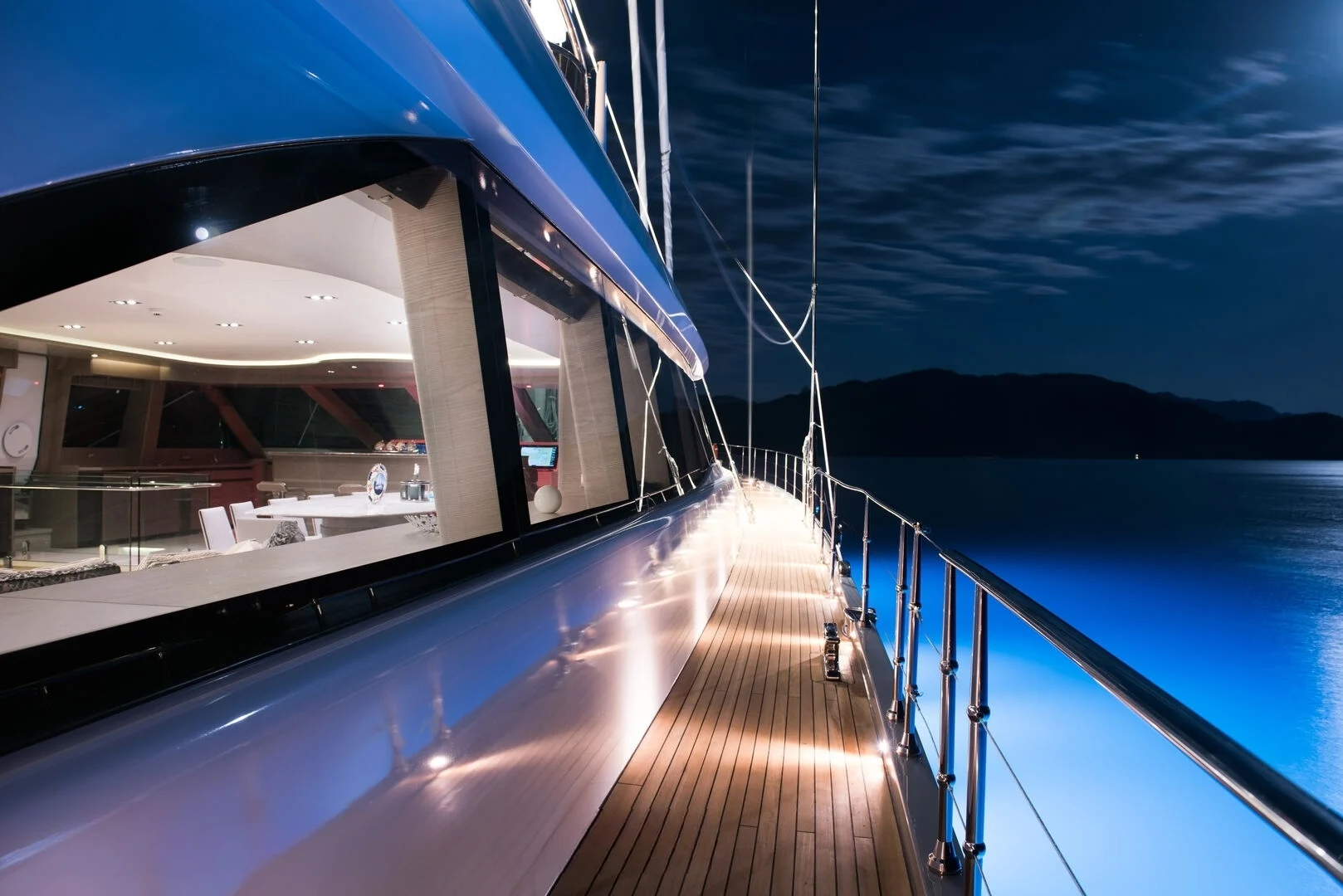 Side deck at night aboard a 50m crewed superyacht charter in Turkey — AA5019