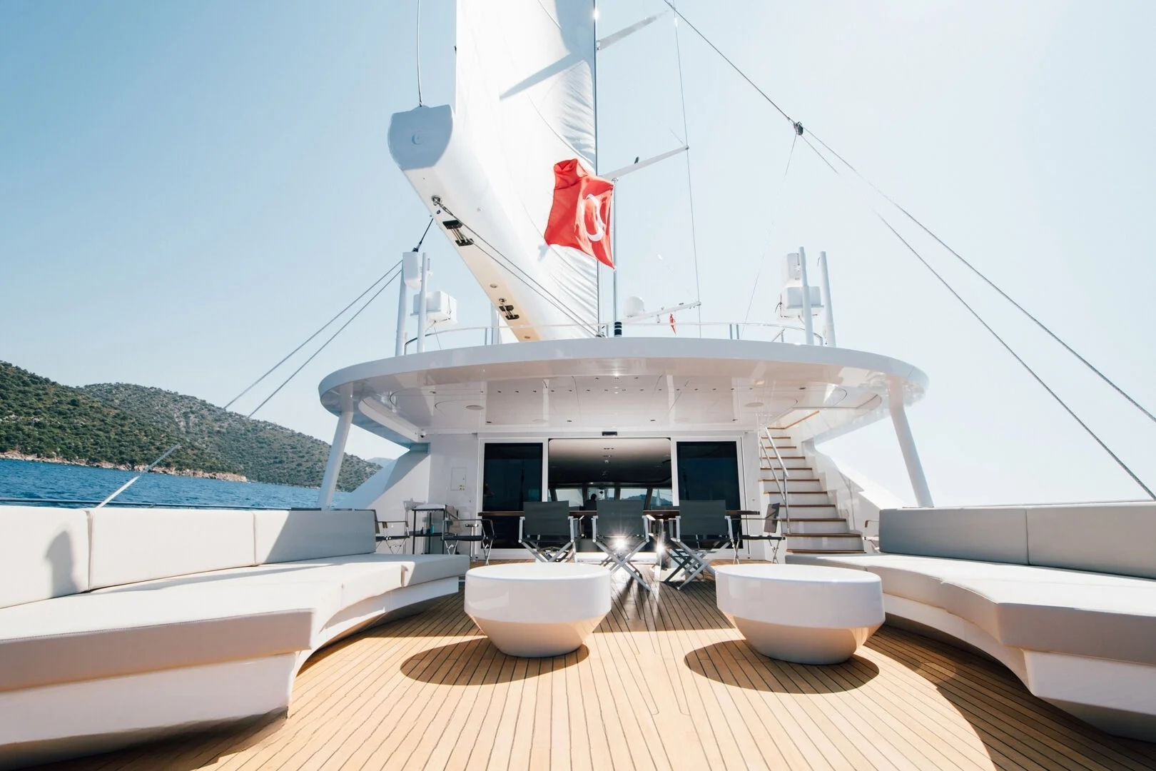 Sun loungers on the foredeck of a 50m crewed superyacht charter Turkey — AA5019
