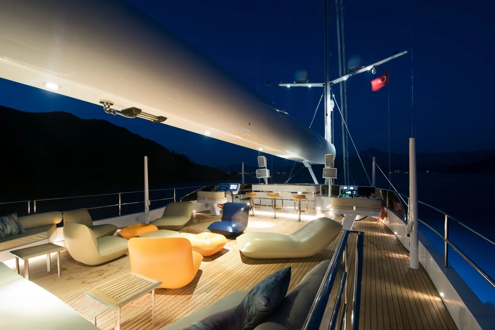 Sundeck in the evening aboard a 50m crewed superyacht charter, Bodrum — AA5019