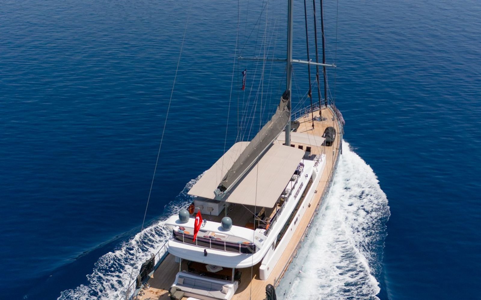 Aerial view of a 47m luxury sailing yacht charter under way on the Turkish Riviera
