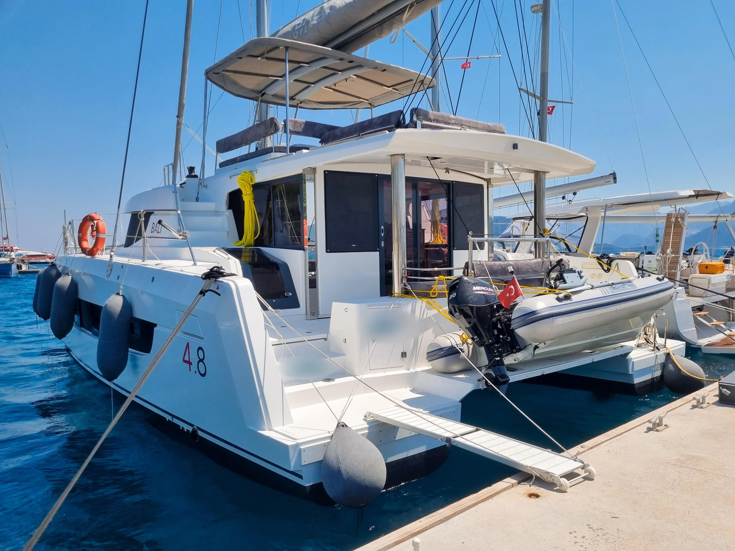 Bali 4.8 catamaran charter Marmaris moored at Albatros Marina