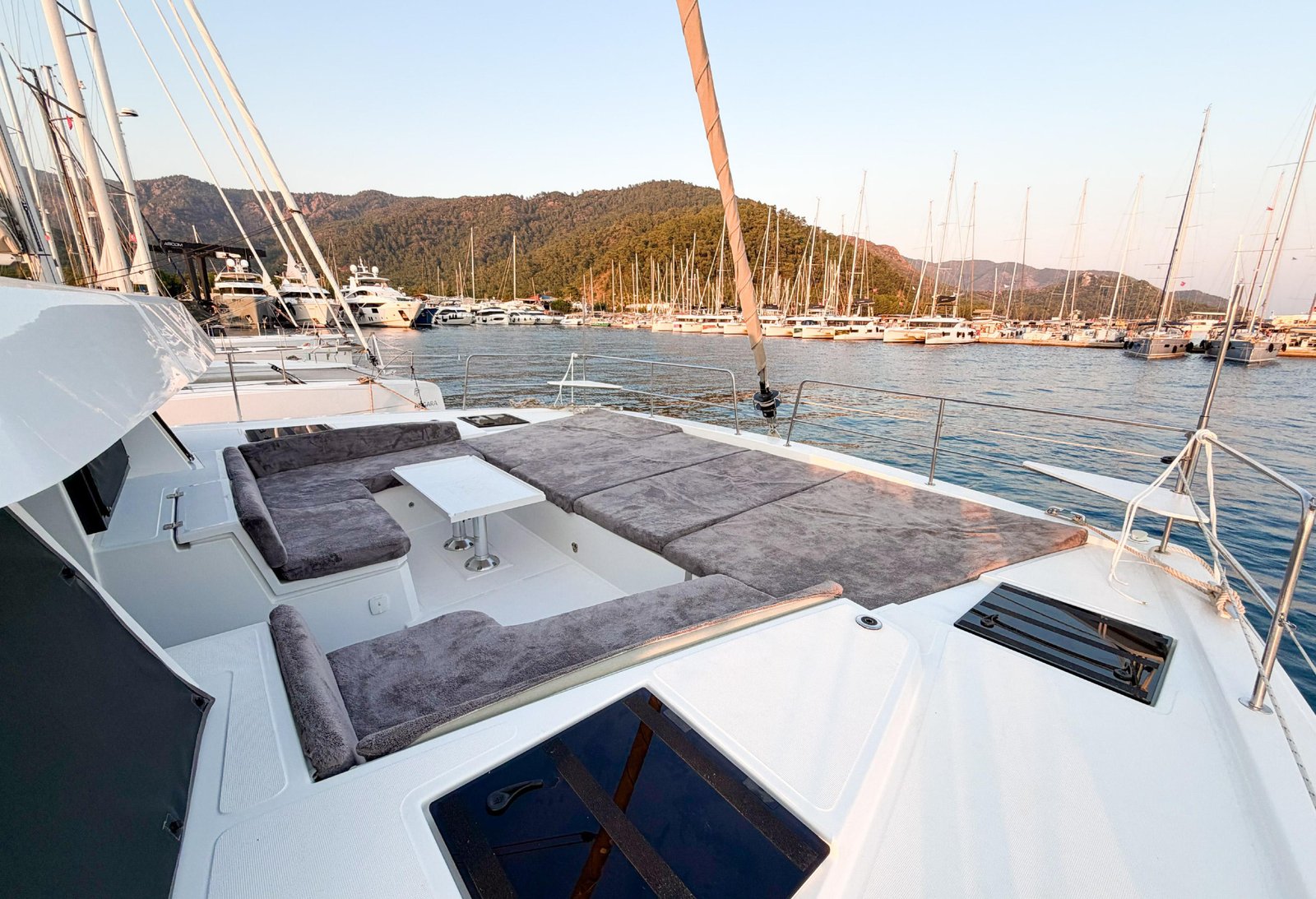 Foredeck sunbeds aboard a Bali 4.8 catamaran charter Marmaris
