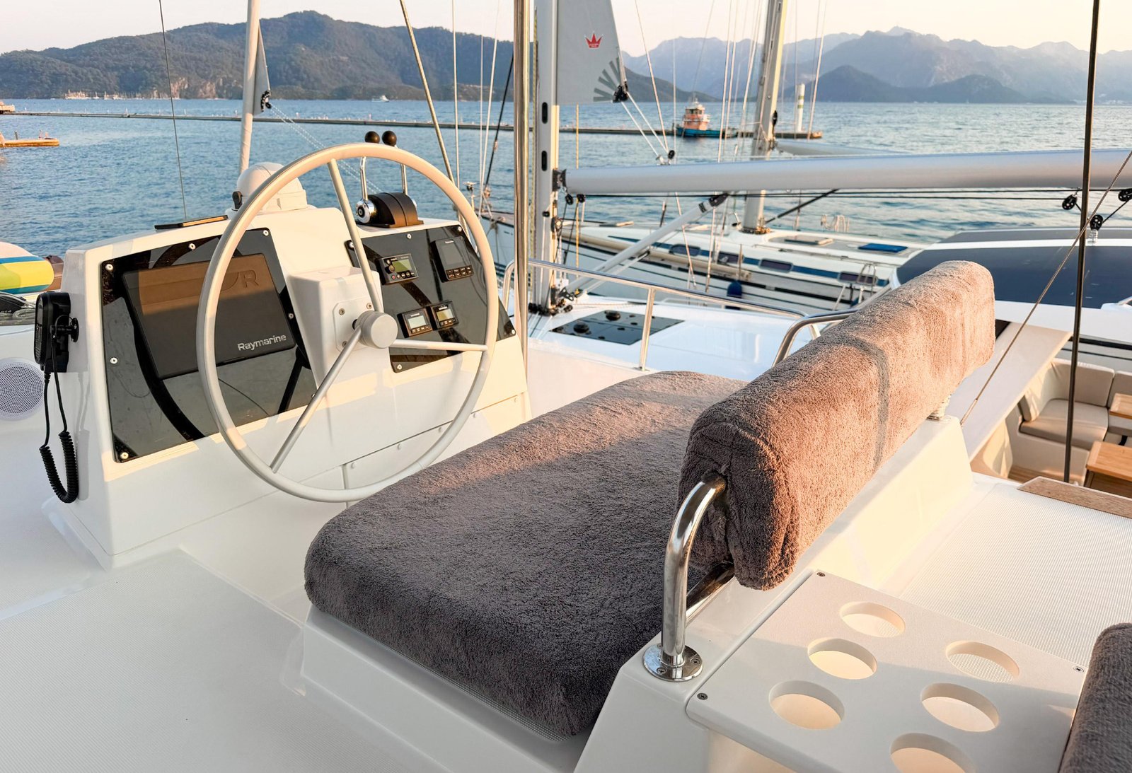 Helm station of a Bali 4.8 catamaran charter Marmaris