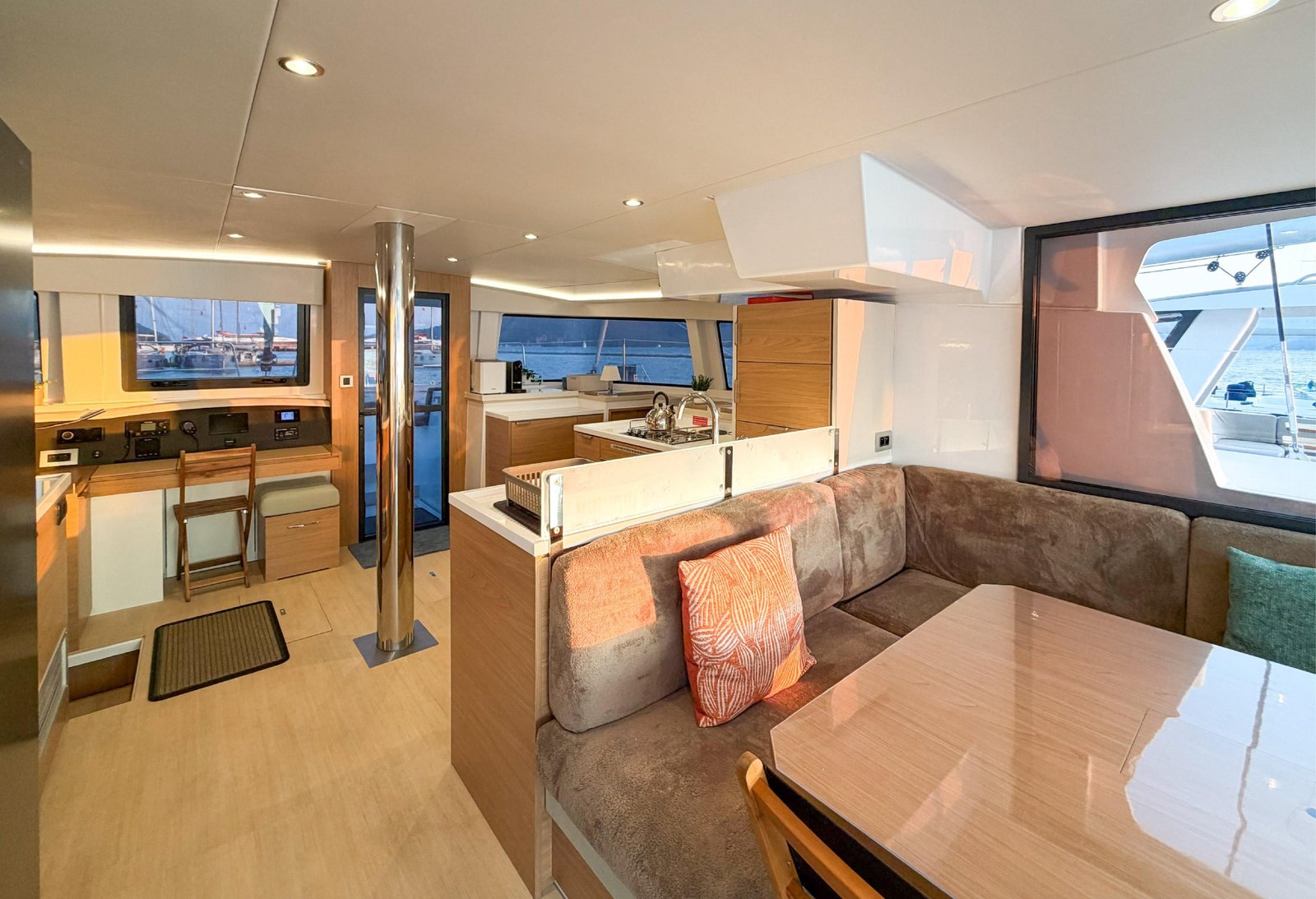 Saloon and galley aboard a Bali 4.8 catamaran charter Marmaris