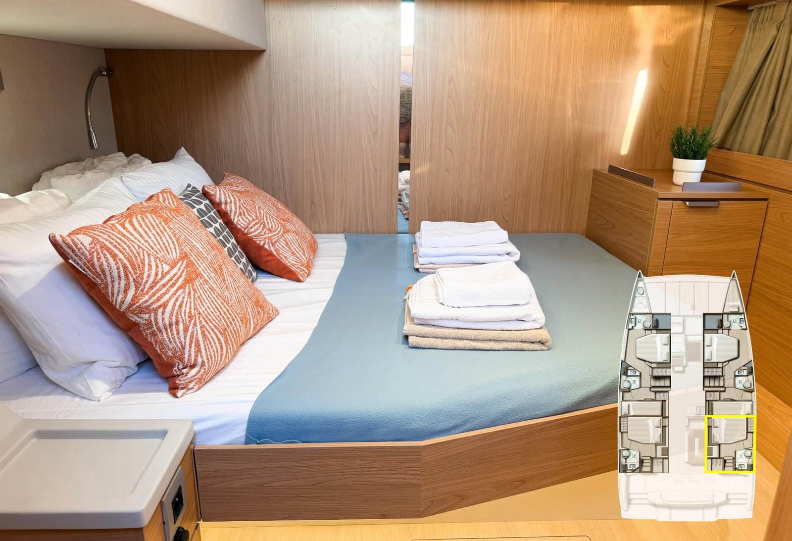 En-suite double cabin aboard a Bali 4.8 catamaran charter Marmaris