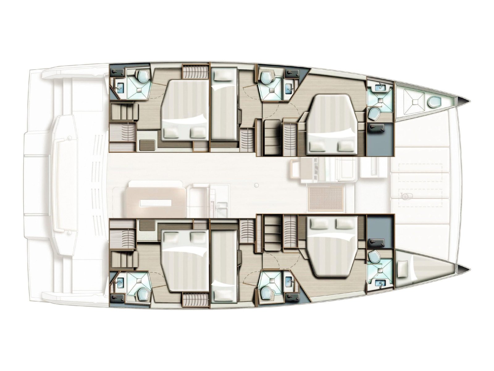 Six-cabin general arrangement of the Bali 4.8 catamaran charter Marmaris