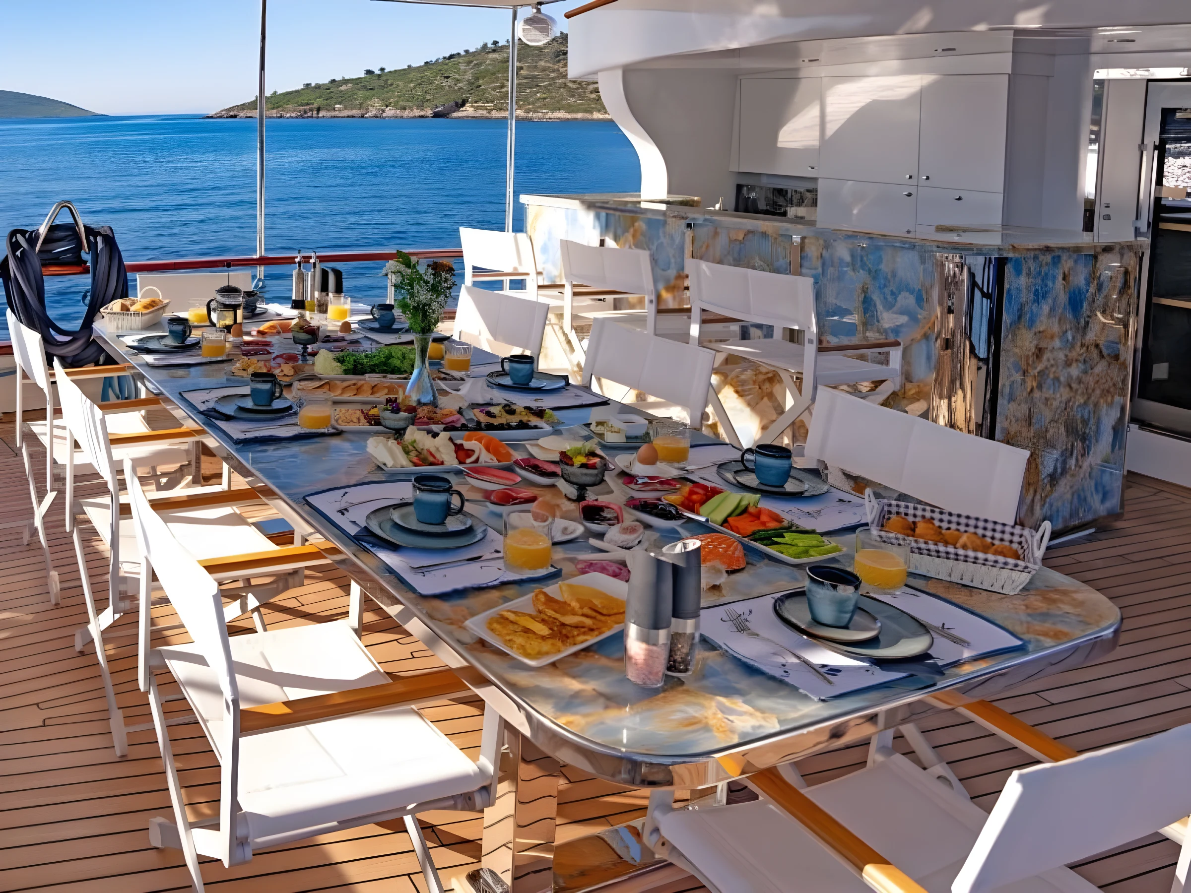 Aft deck dining table set for guests on a crewed gulet charter Bodrum vessel