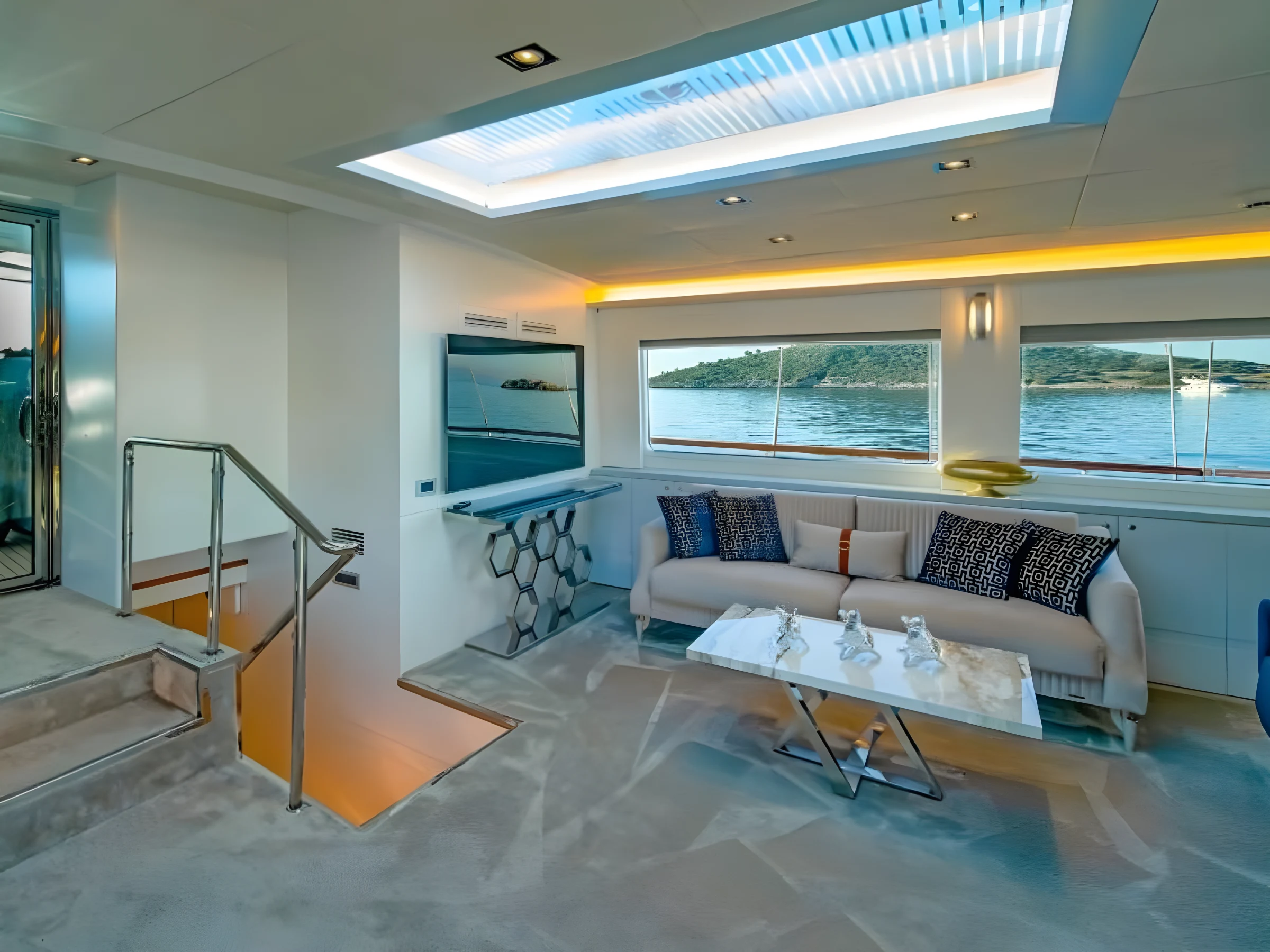 Saloon lounge seating aboard a crewed gulet charter Bodrum vessel