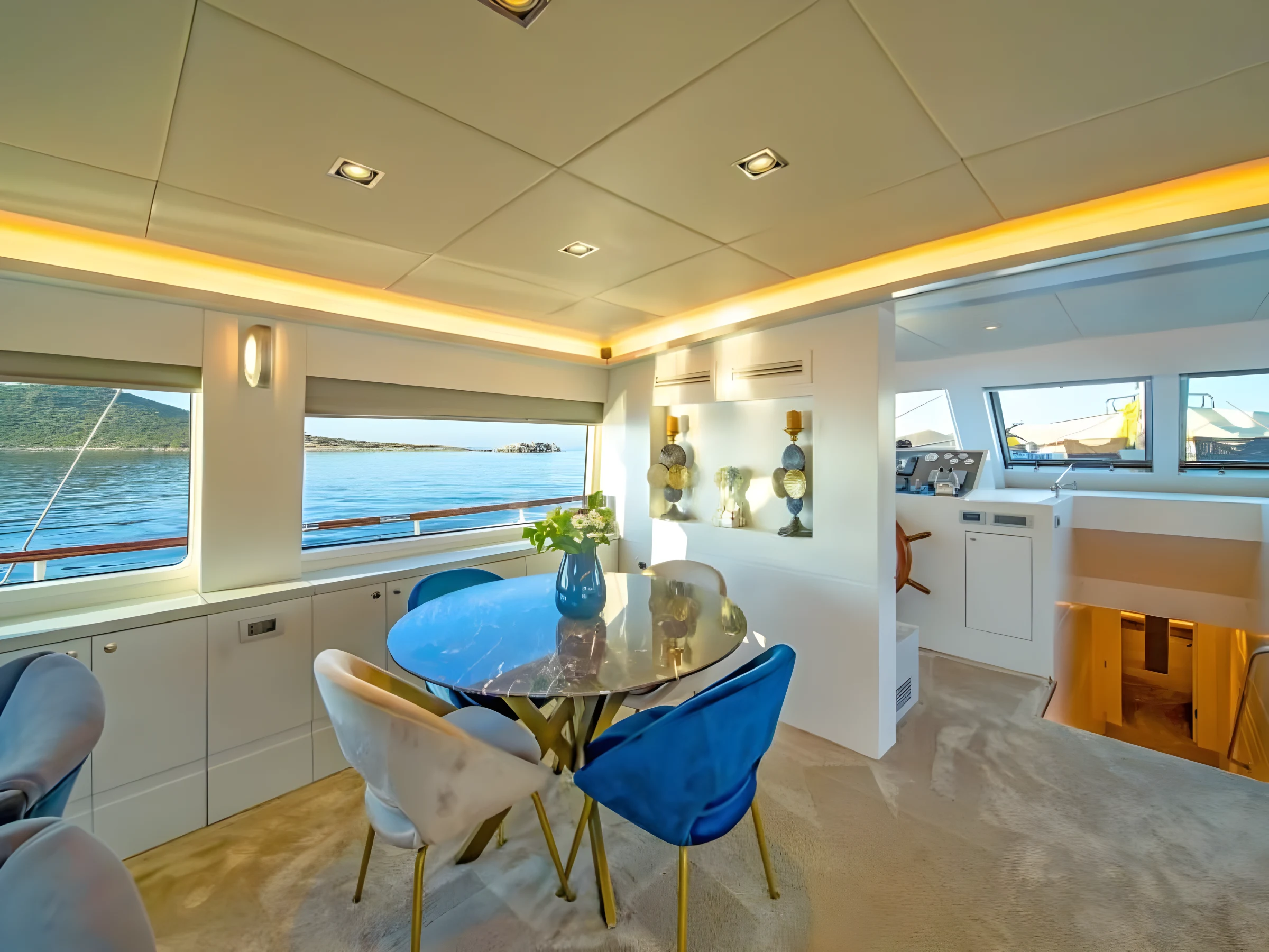 Interior dining nook aboard a crewed gulet charter Bodrum vessel