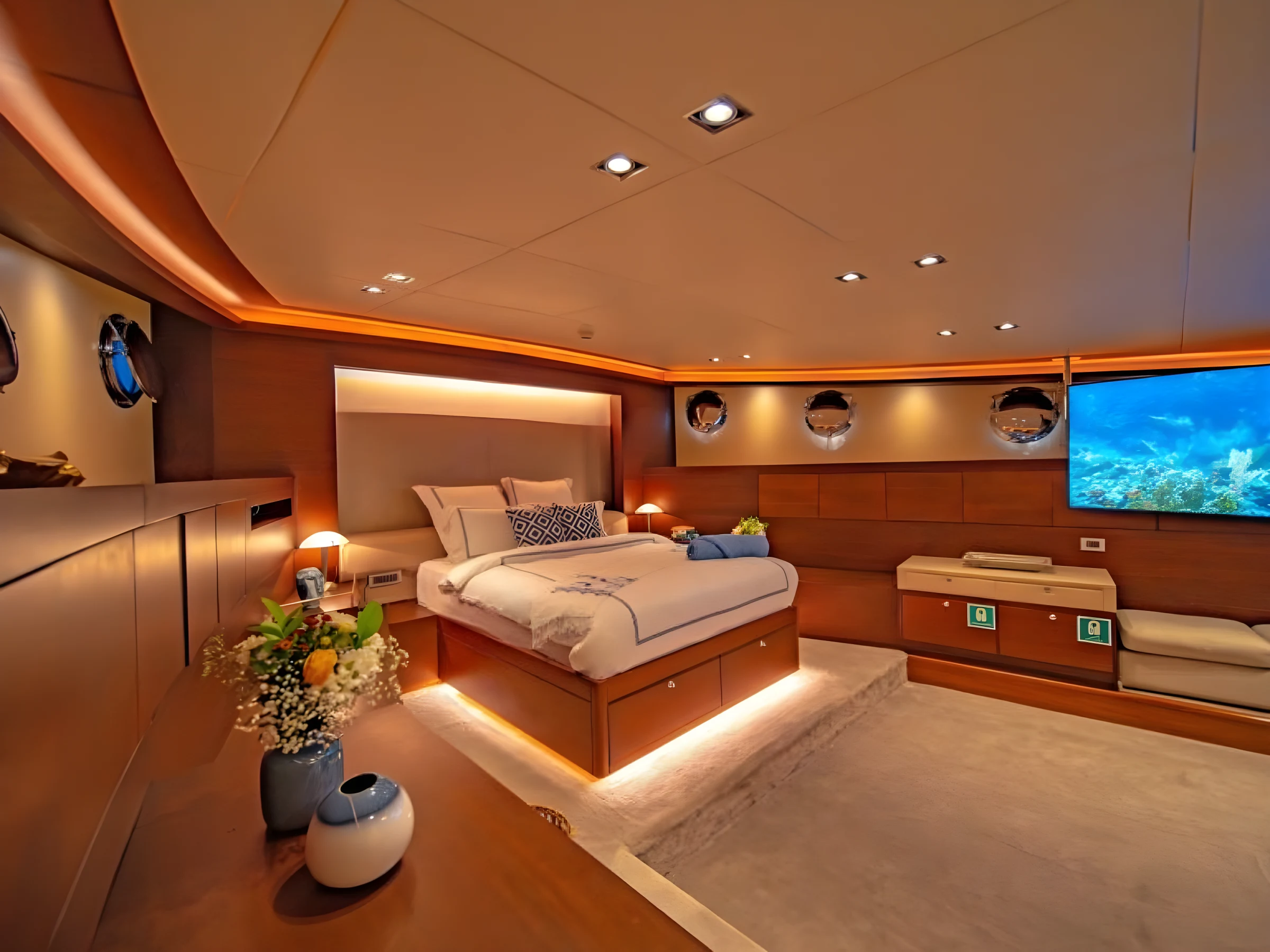 Master cabin bed and porthole detail on a crewed gulet charter Bodrum yacht