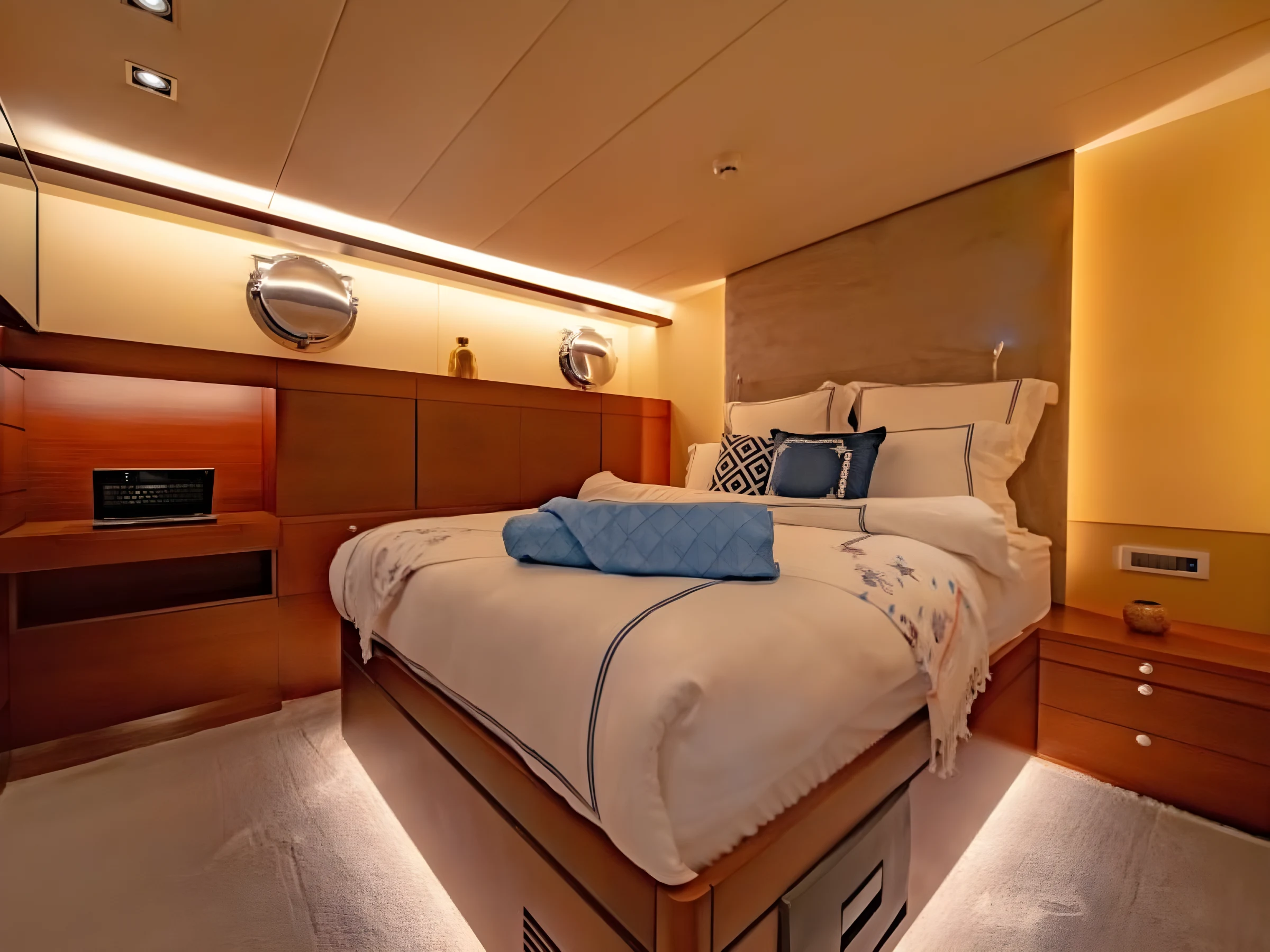 Double cabin bed and porthole on a crewed gulet charter Bodrum yacht