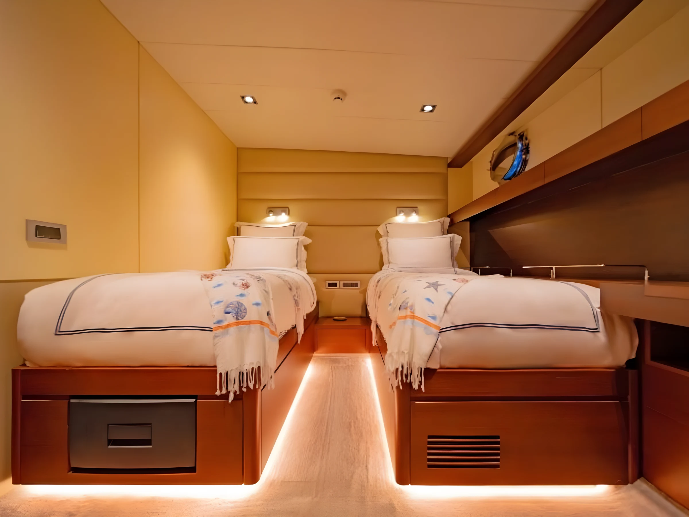 Twin cabin bed detail aboard a crewed gulet charter Bodrum yacht