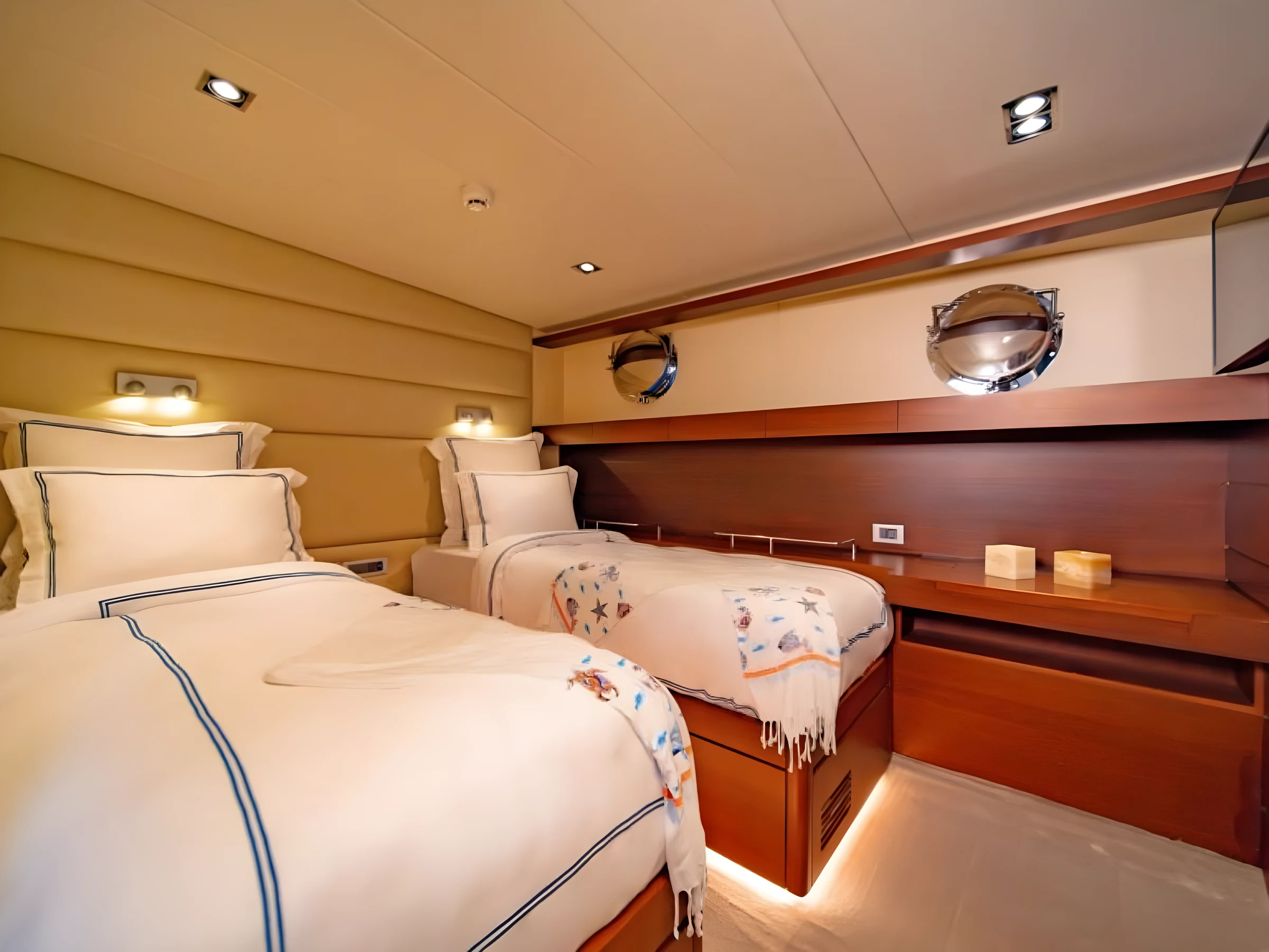 Second twin cabin with matching berths on a crewed gulet charter Bodrum vessel