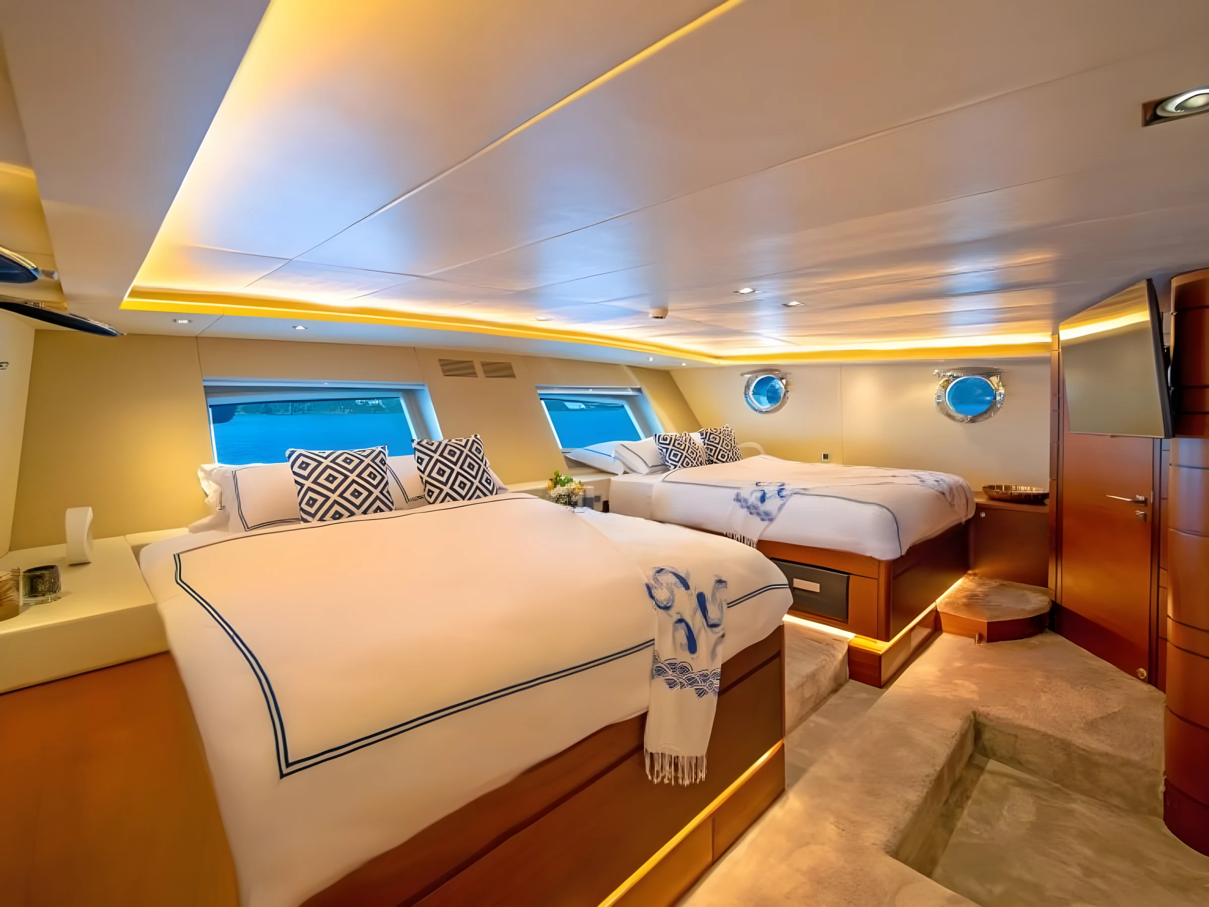 Second twin cabin bed detail on a crewed gulet charter Bodrum yacht