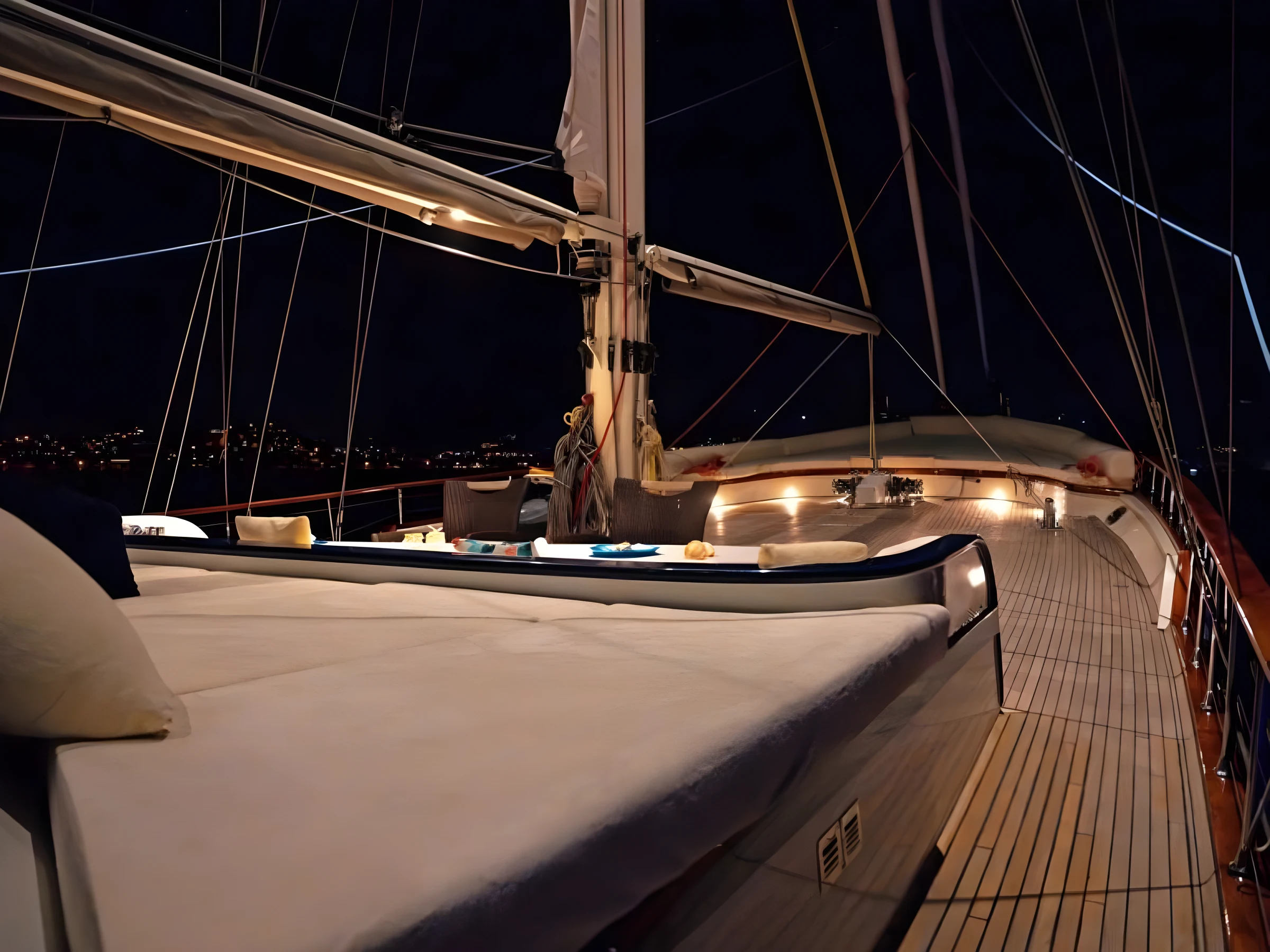 Bow deck lit after dark on a crewed gulet charter Bodrum vessel