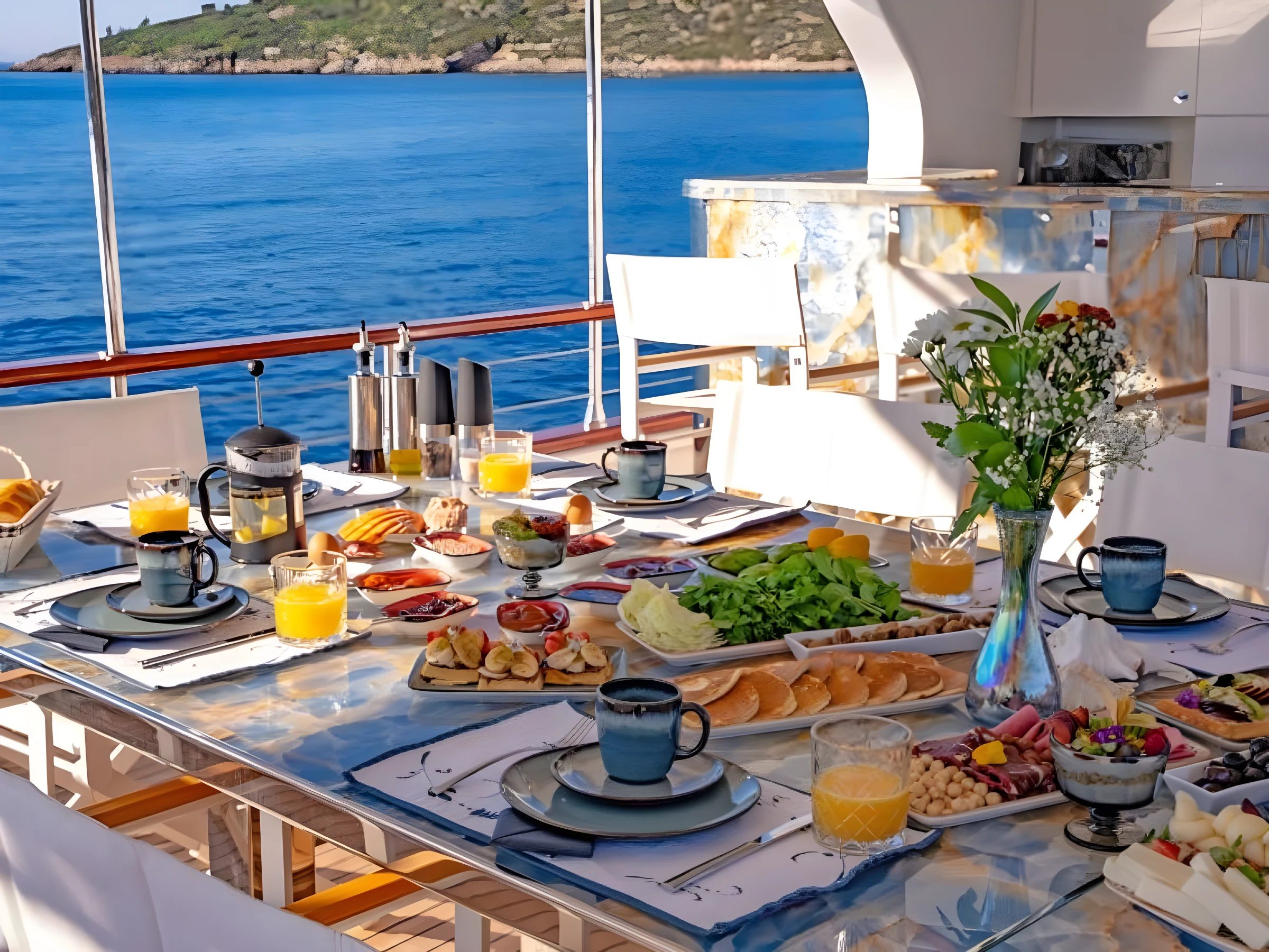 Aft deck breakfast table on a crewed gulet charter Bodrum yacht
