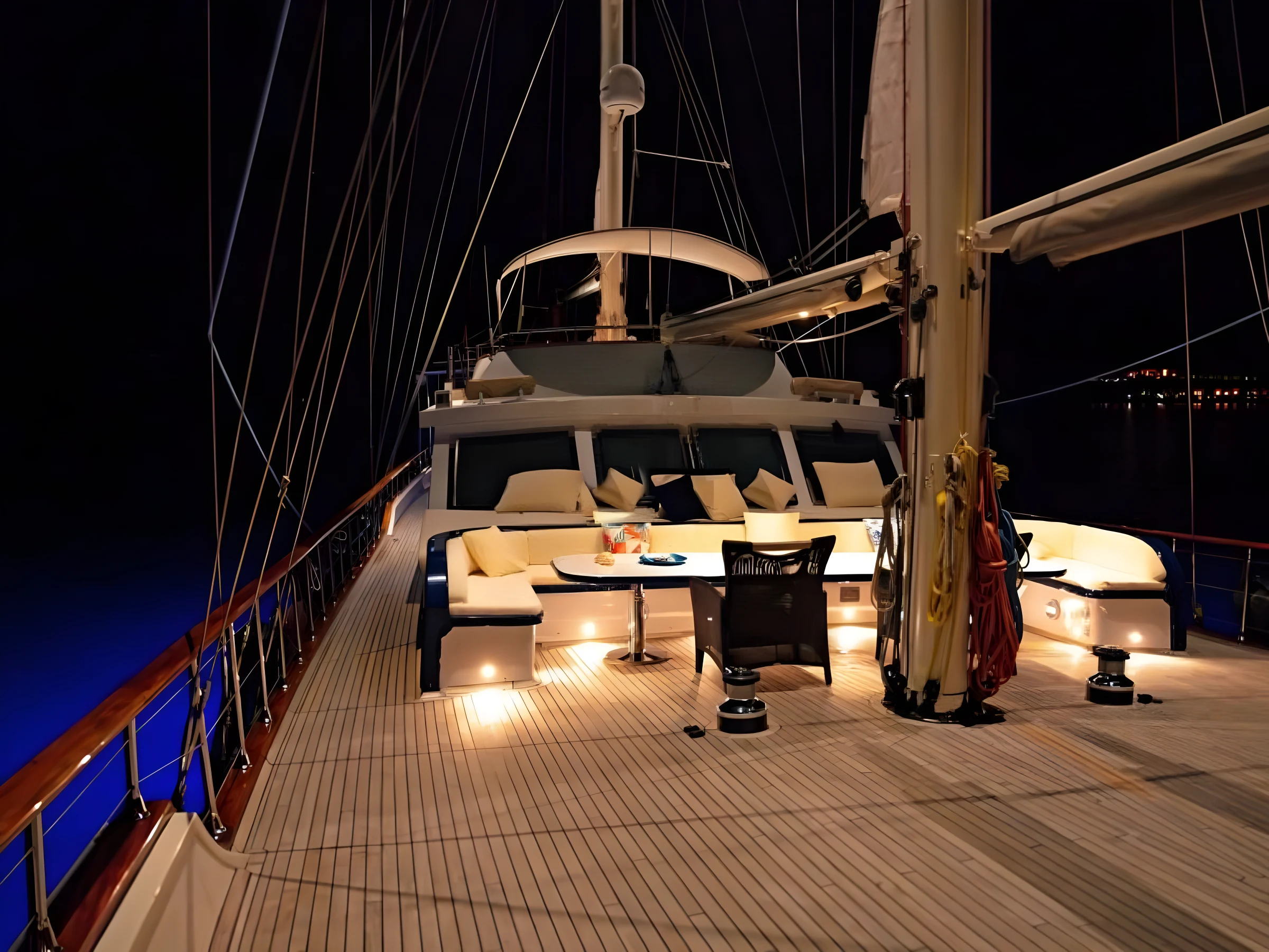 Bow deck lounge after dark on a crewed gulet charter Bodrum vessel