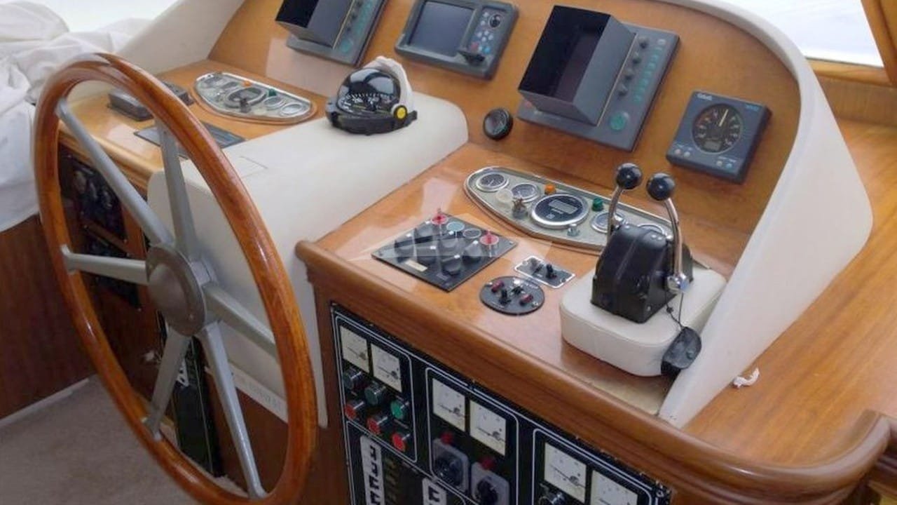Interior helm station and instruments aboard a crewed yacht charter in Bodrum
