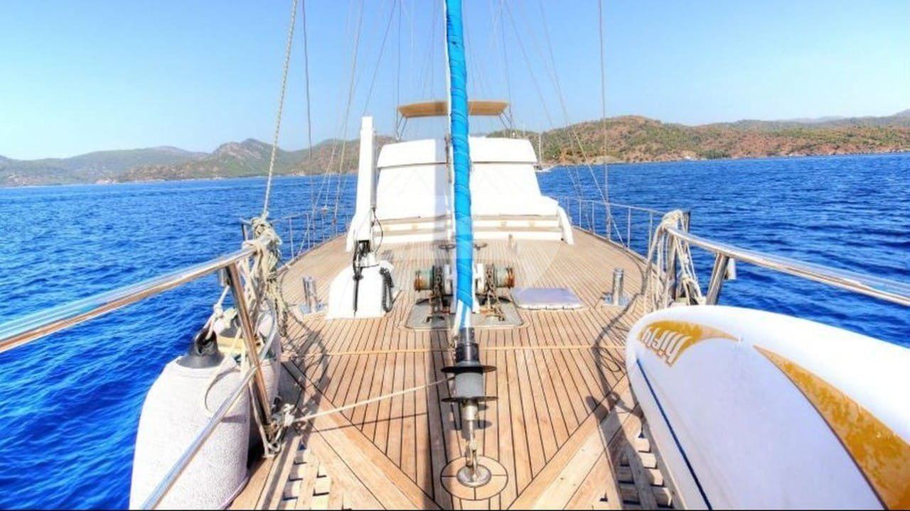 Teak side deck of a 27m crewed yacht under way off the Turkish coast