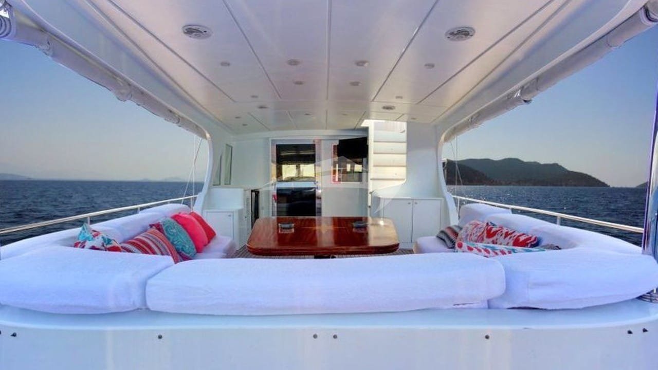 Foredeck sun pads beneath the shade awning of a 27m crewed yacht in Turkey