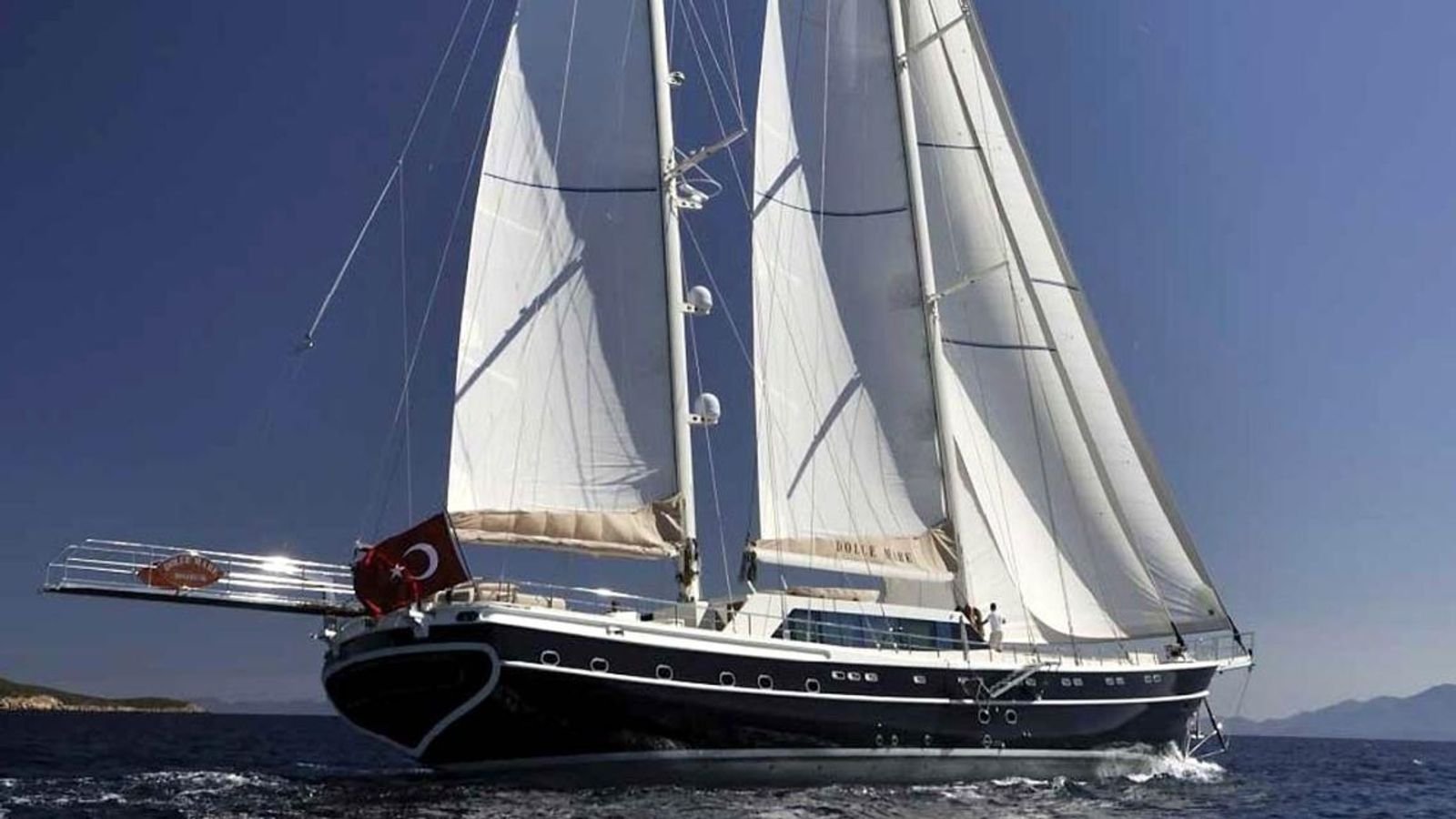 Navy-hulled 36m deluxe gulet sailing under full canvas in Turkey