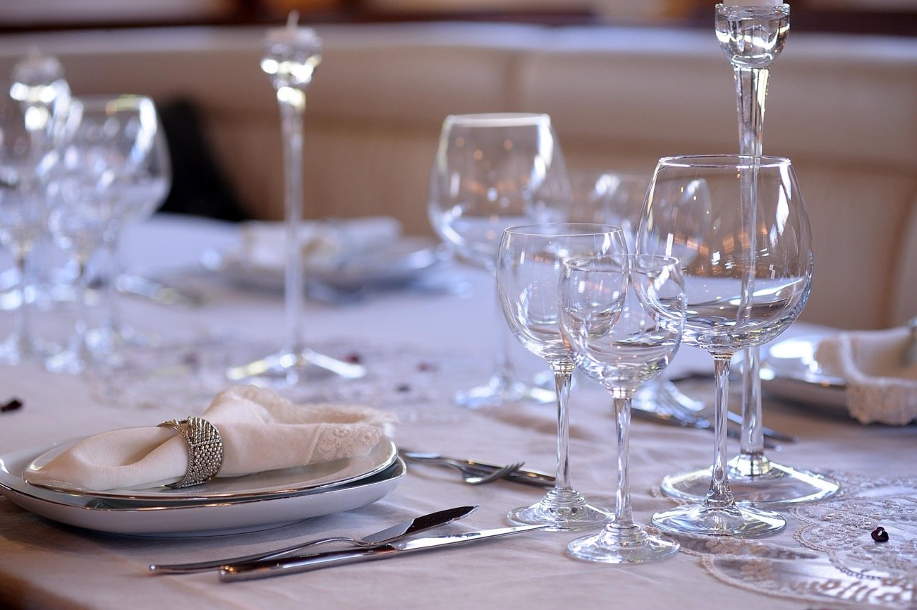 Fine dining table setting with crystal on a private crewed yacht charter in Turkey — MN4308