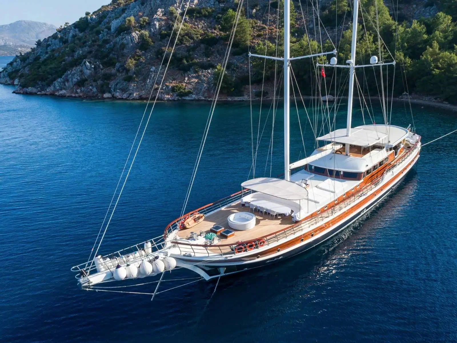 Aerial bow quarter of a 42m gulet on a Turkish Riviera charter — HM4218