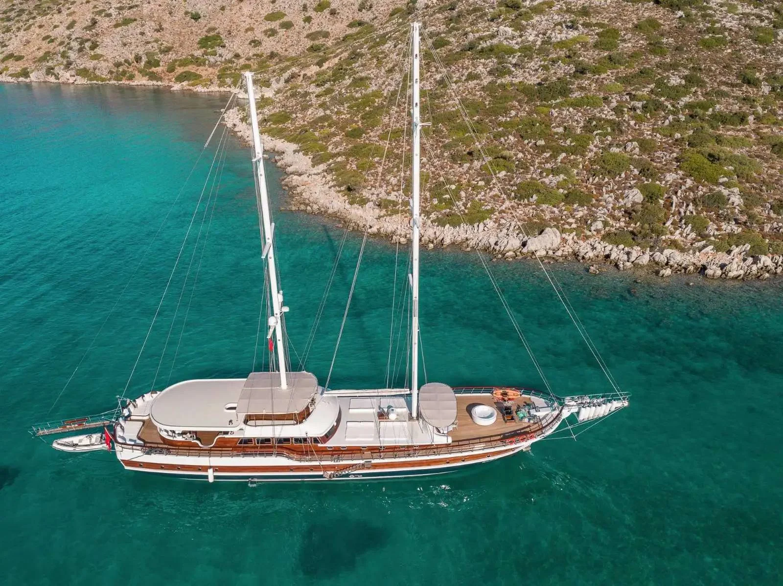 Aerial profile of a 42m gulet at anchor off Marmaris — luxury gulet charter HM4218
