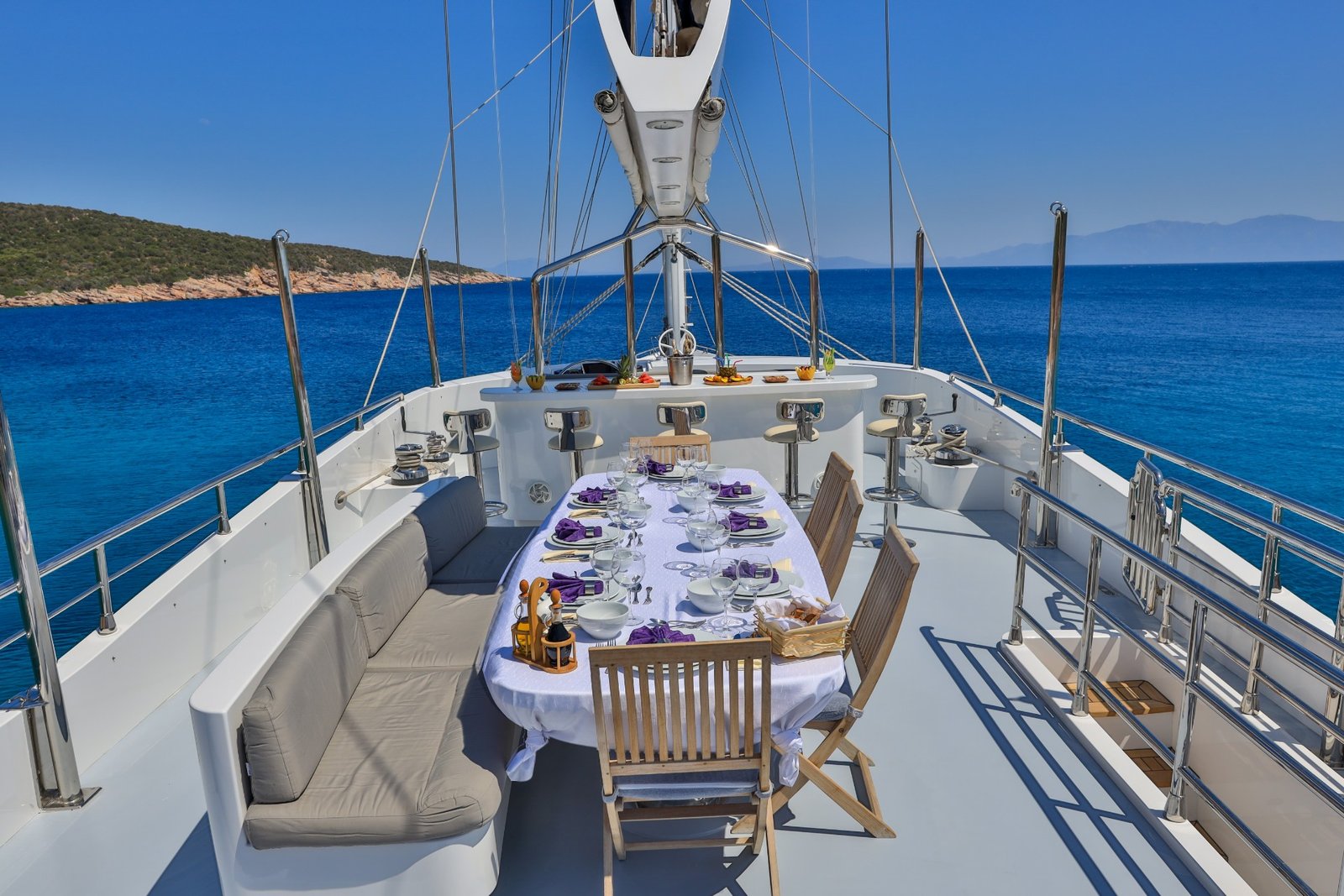 Aft deck dining looking forward aboard a 37m gulet charter in Bodrum — CA3713